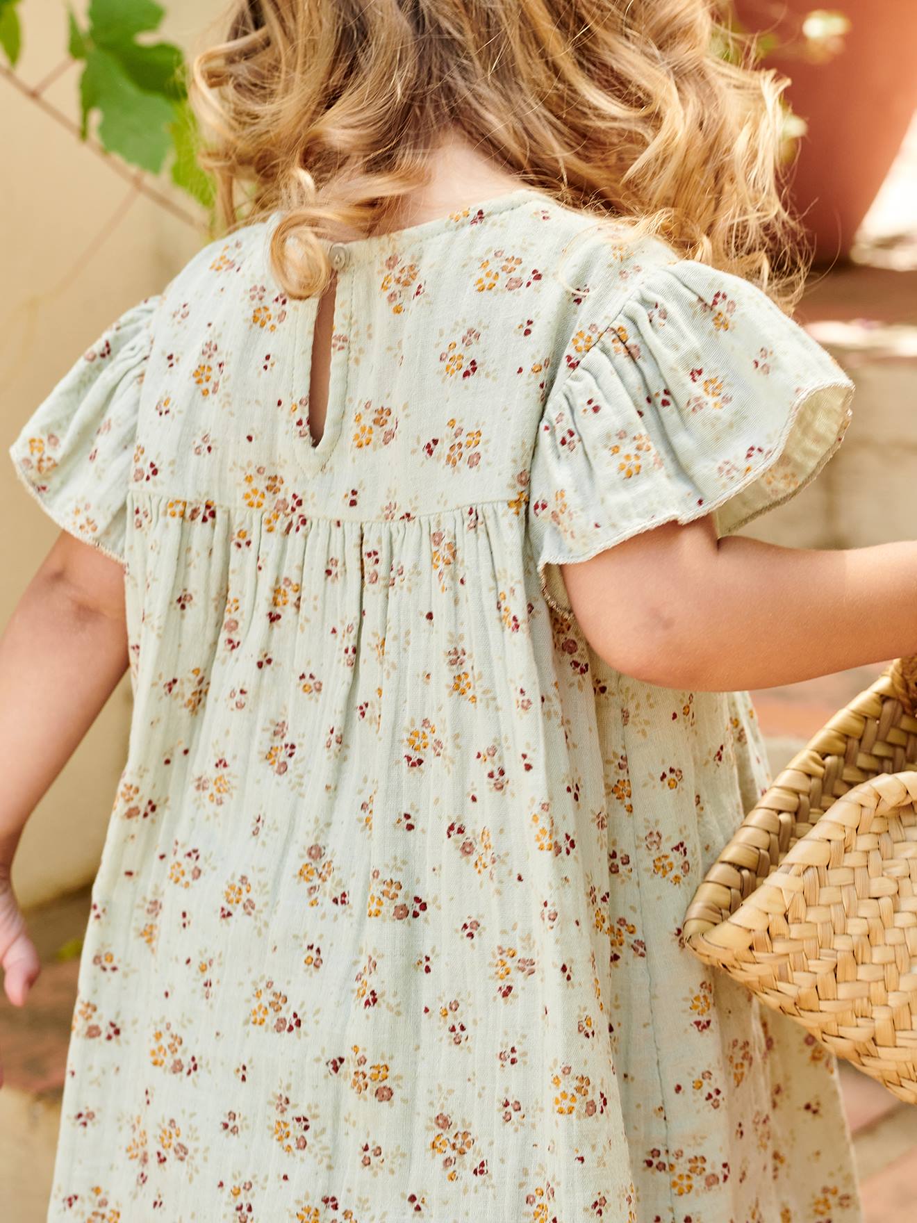 Robe fille en gaze de coton imprimée manches papillon tomette