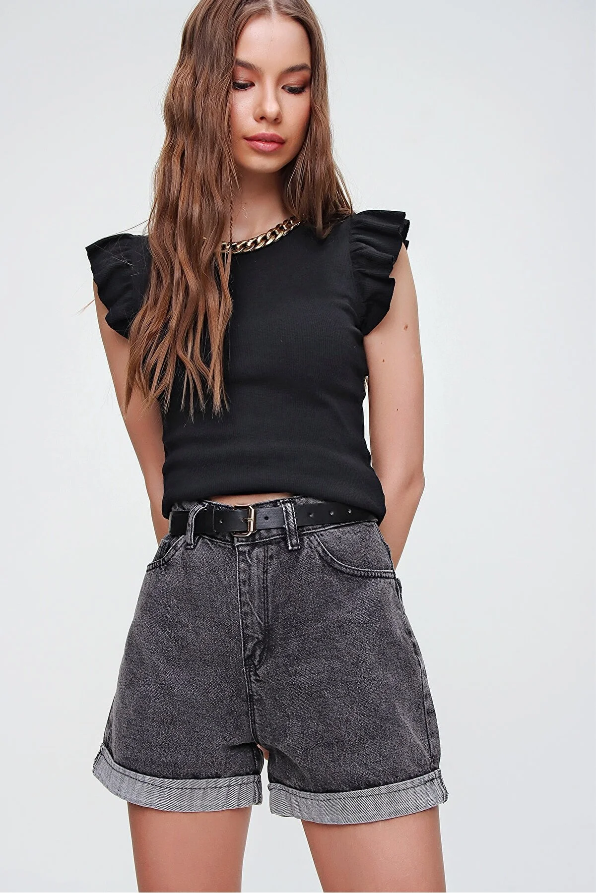 Trend Alaçatı Stili  Shorts - Grau - Hoher Bund