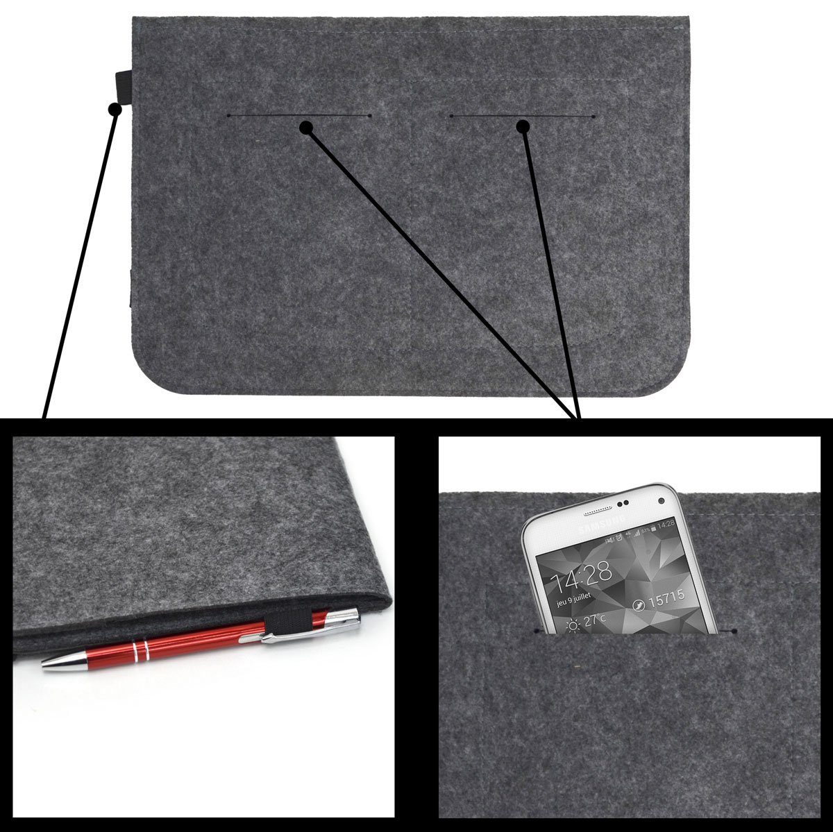DuneDesign Tablettasche 13.3'' Filz Laptop-Tasche 35x24 cm Tablet Hülle, MacBook Pro Air iPad Net Grau