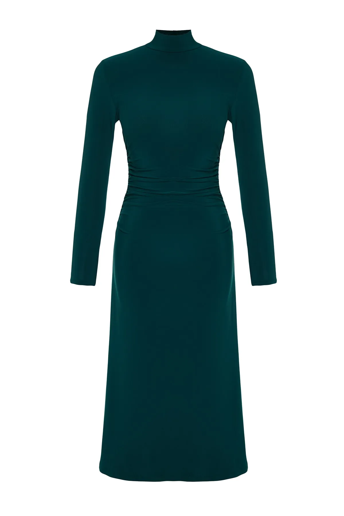 Trendyol Collection  Smaragdgrünes, drapiertes, detailliertes, flexibles Midi-Strickkleid in A-Linie mit hohem Kragen TWOAW24EL00133