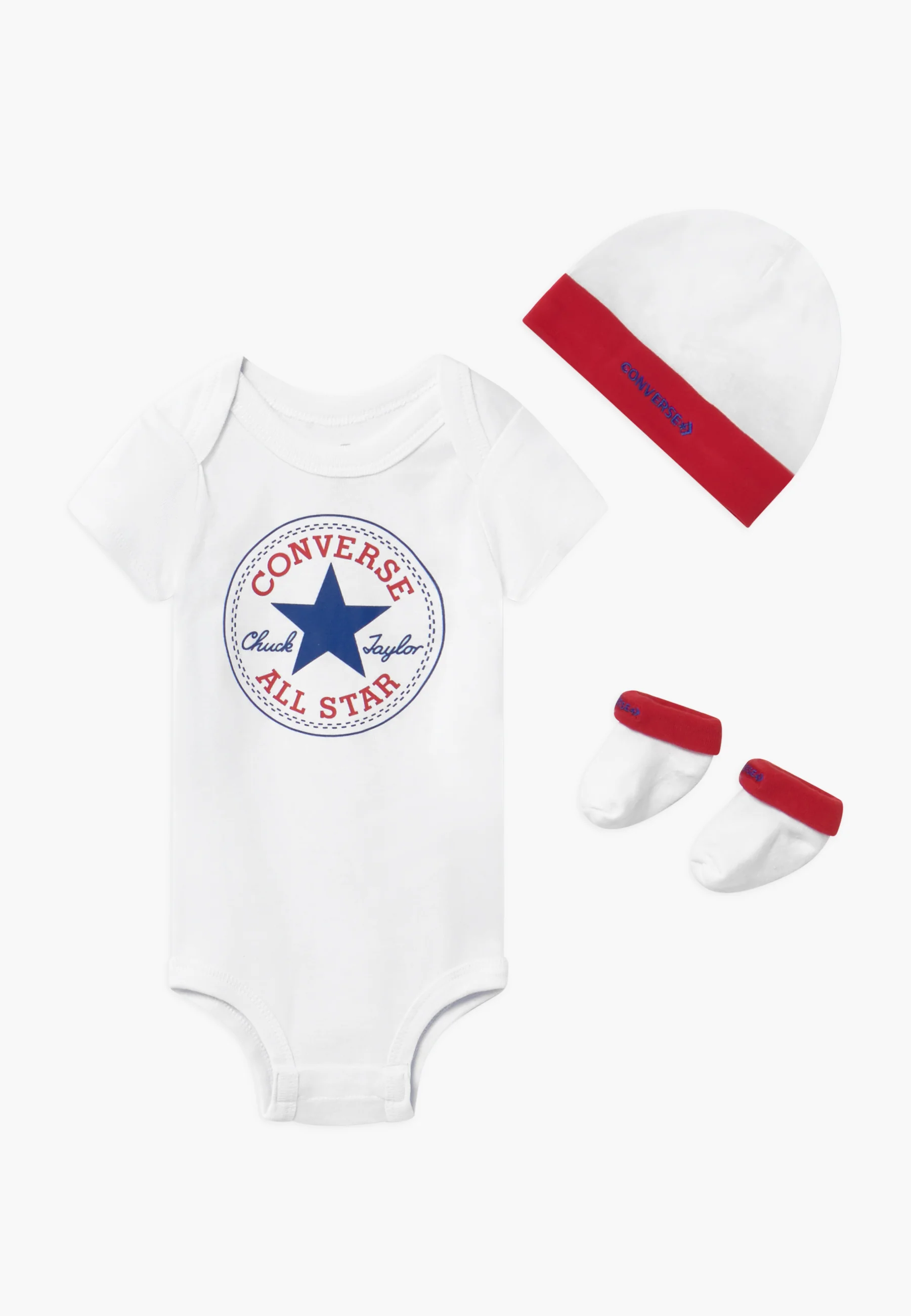 Conjunto unisex de gorro, body y botín para bebé Converse Classic - Regalo para baby shower