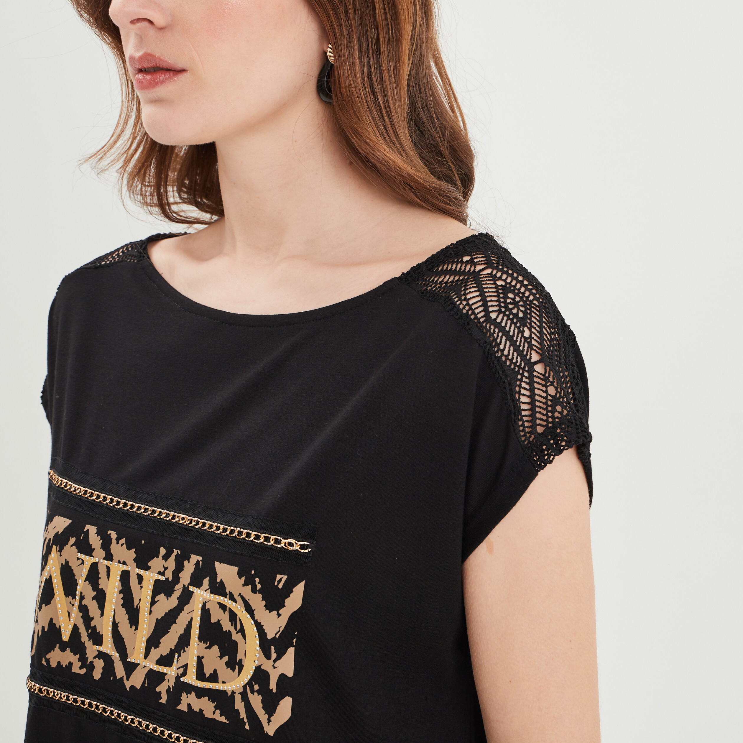 T-shirt manches courtes détails dentelle noir femme | La Halle