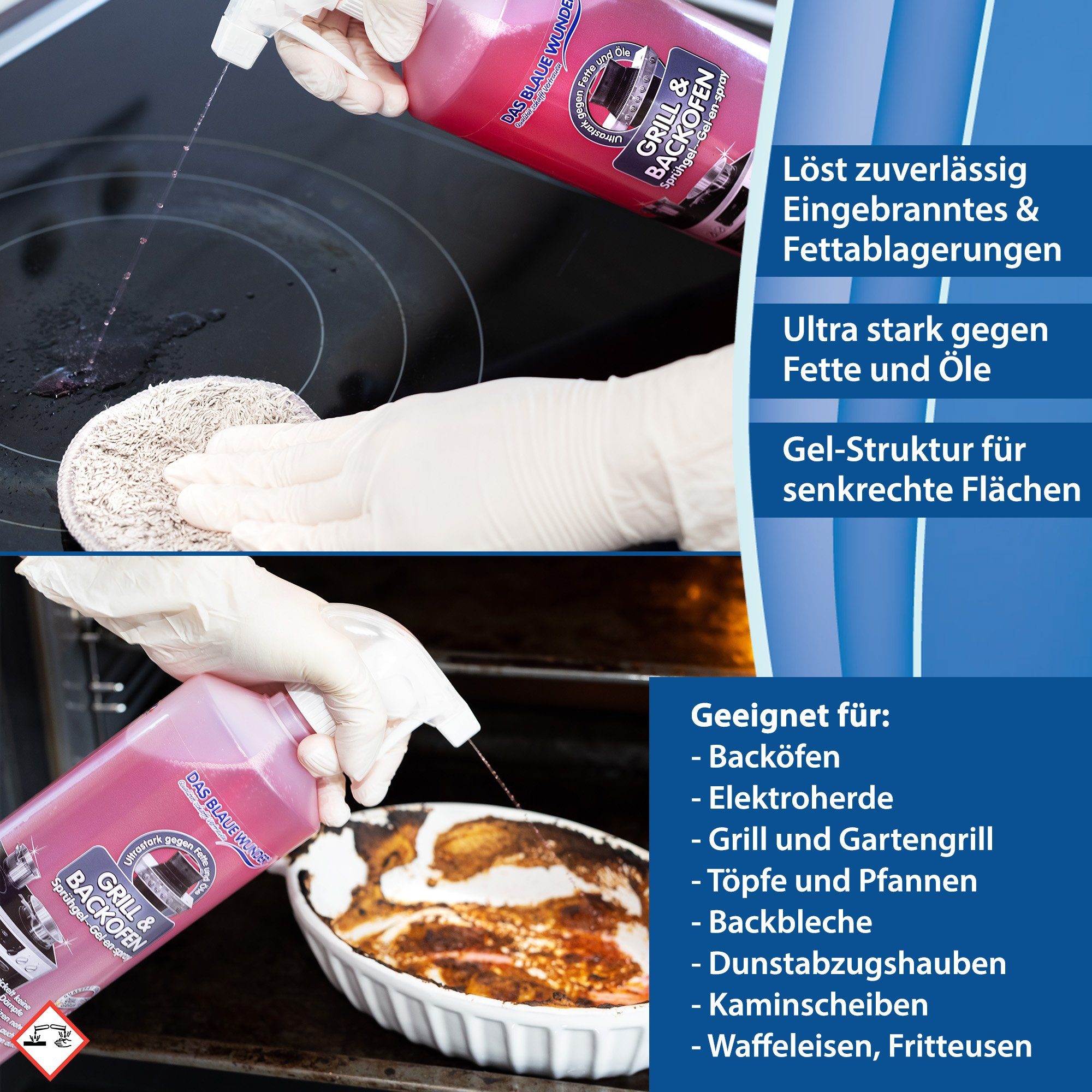 Das Blaue Wunder® Grill- und Backofen Sprühgel Backofenreiniger (inkl. Sprühkopf selbstarbeitender Fettlöser für Herd, Backofen, Grill)