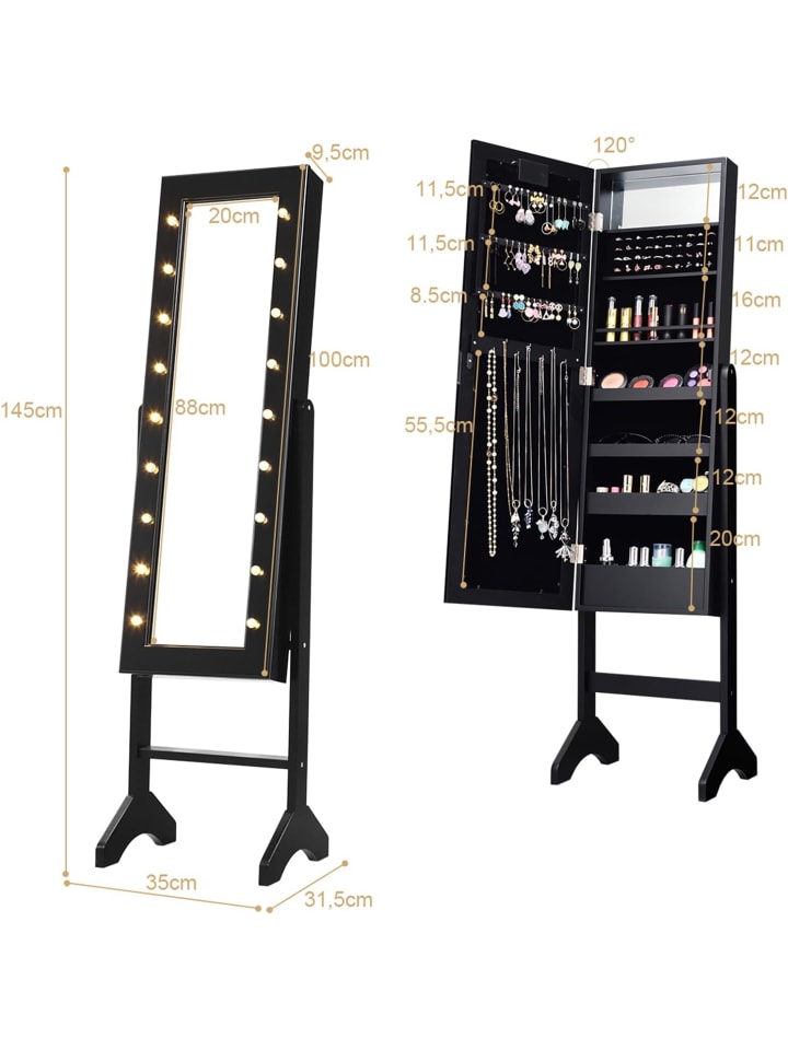 COSTWAY Schmuckschrank mit 18 LEDS in Schwarz günstig kaufen 145 cm