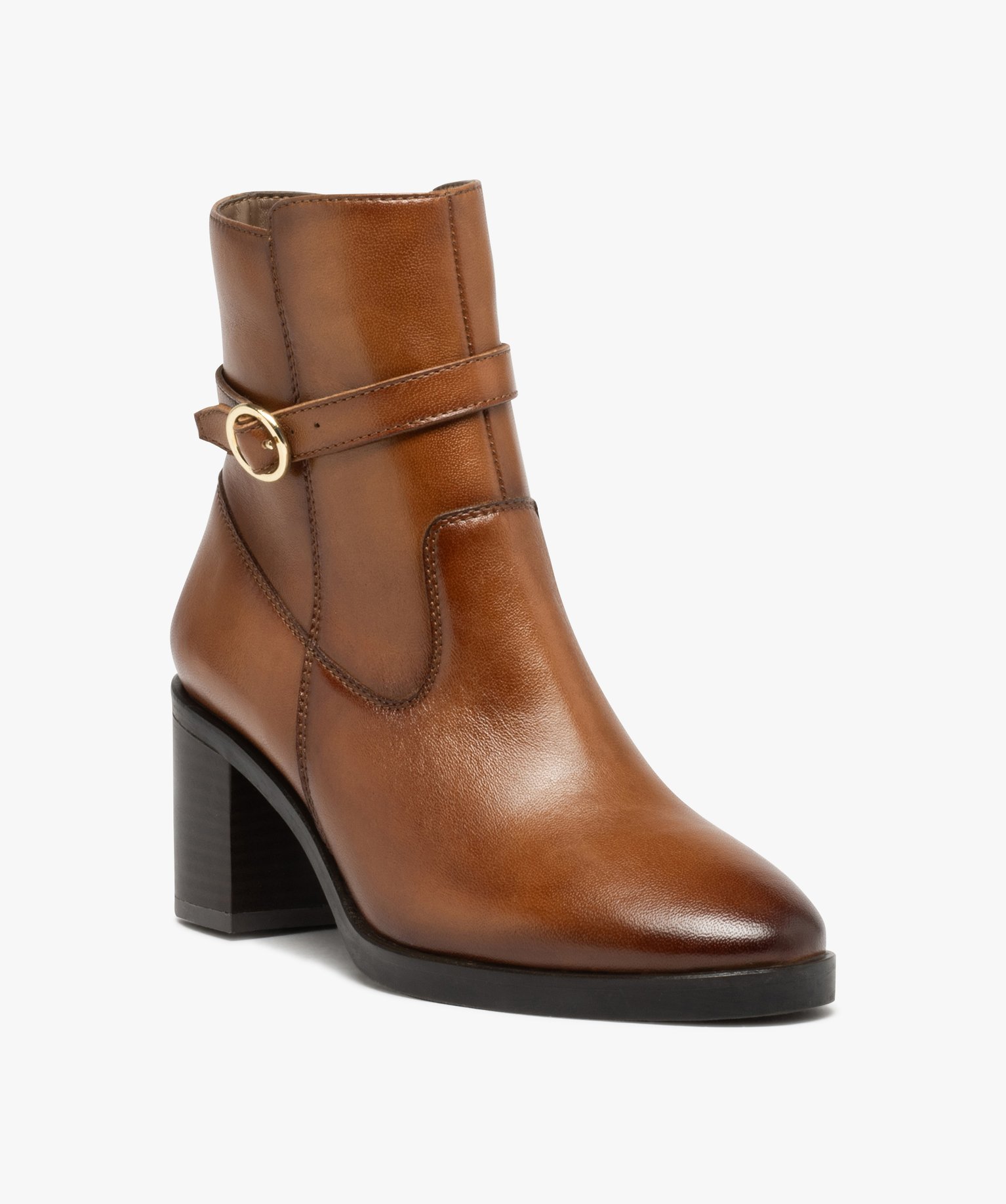 Boots femme en cuir uni à talon carré et bride à boucle -... camel | GEMO