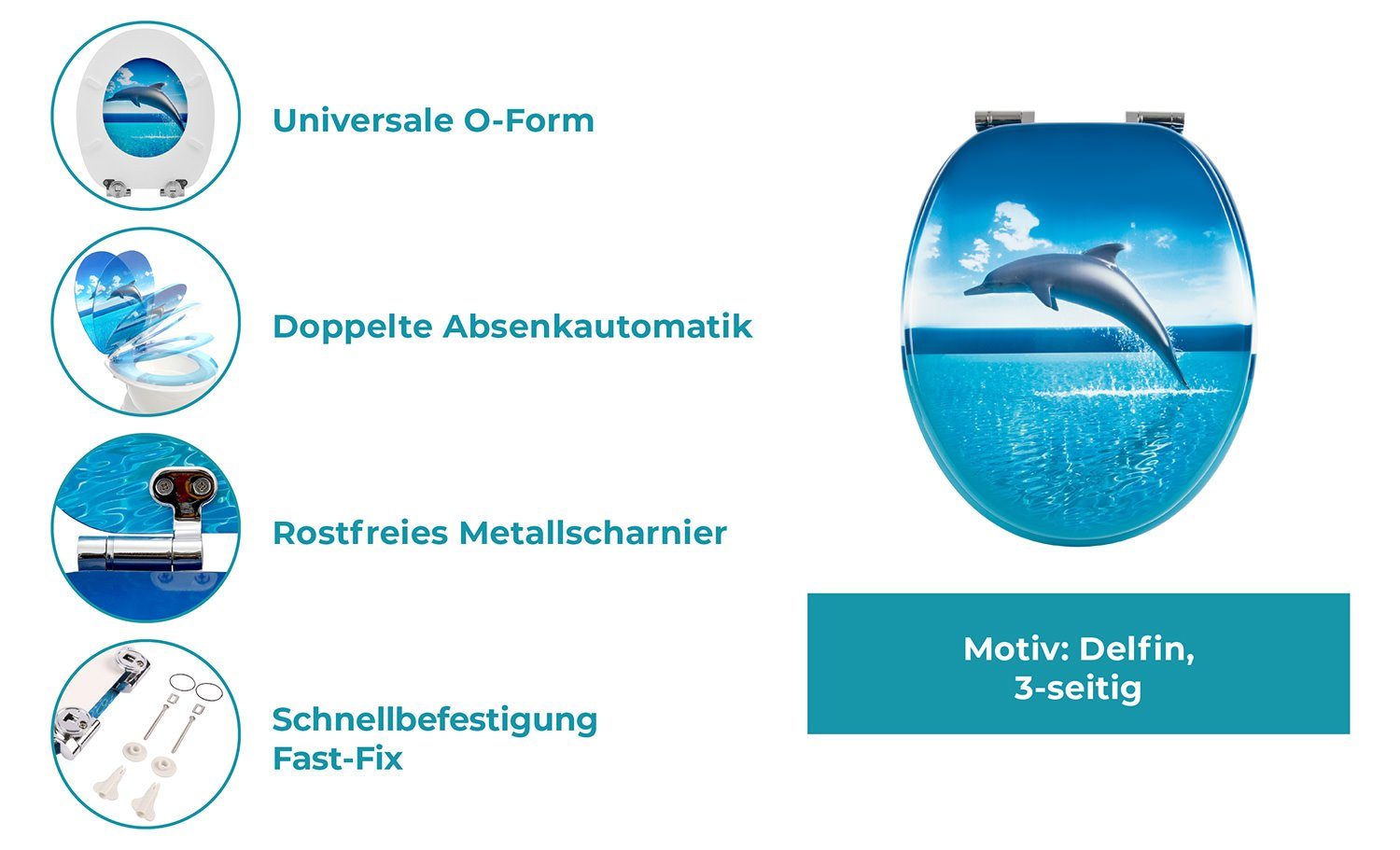 Calmwaters WC-Sitz Motiv Delfine & Fische , Motiv Delfin, Holzkern, Absenkautomatik, Montage von unten, 26LP2835