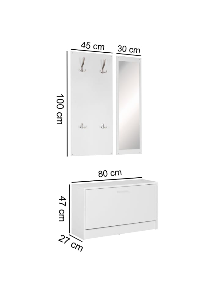 KADIMA DESIGN Wand-Garderobe SALERNO mit Spiegel & Schuhschrank Spanplatte weiß in Weiß günstig kaufen onesize