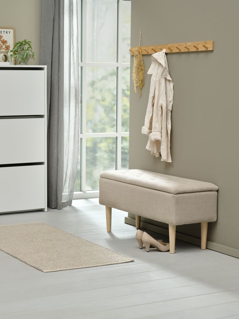 BATHROOM bench with storage space, beige fabric