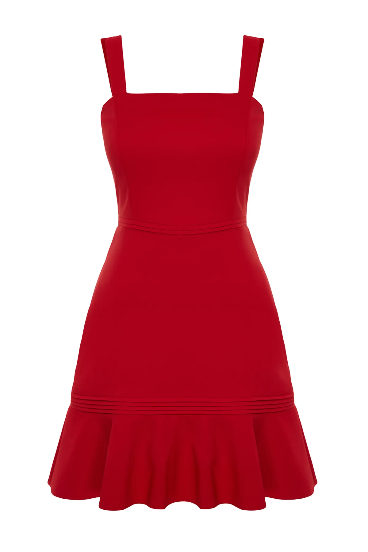 Trendyol Collection  Roter, gerippter, detaillierter Rock in A-Linie, Volantträger, gewebtes Minikleid TWOSS20EL2504