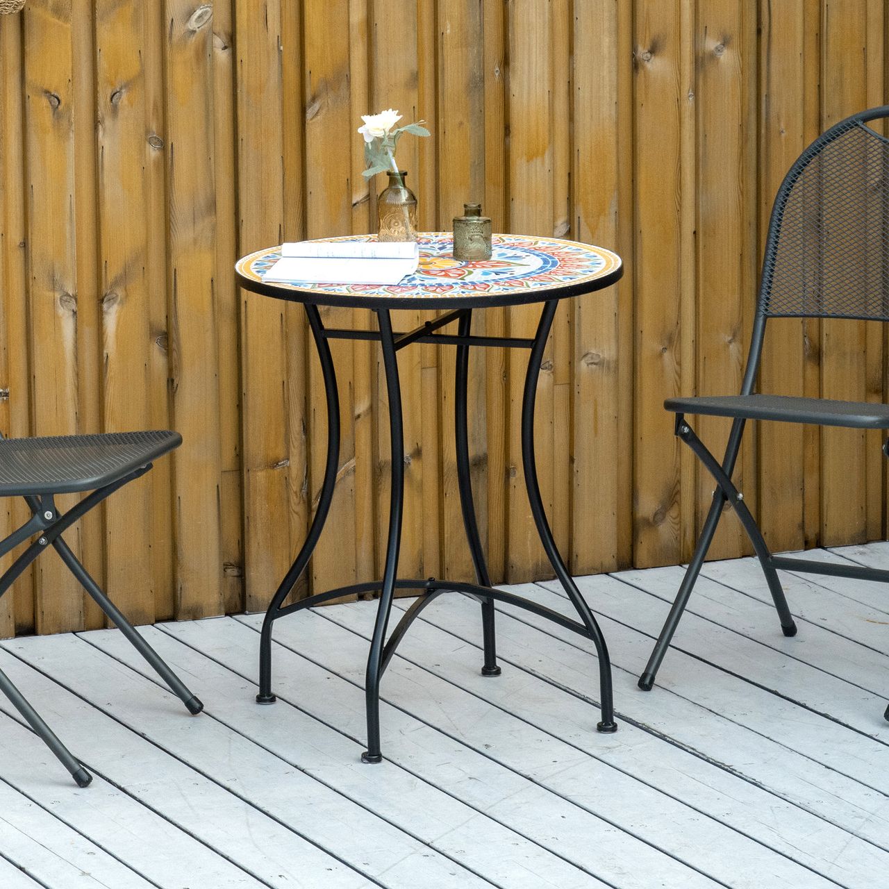 Outsunny Gartentisch Mosaiktisch rund Bistrotisch Beistelltisch mit Mosaikplatte Keramik Metall Rot Blau Weiß Ø60 cm