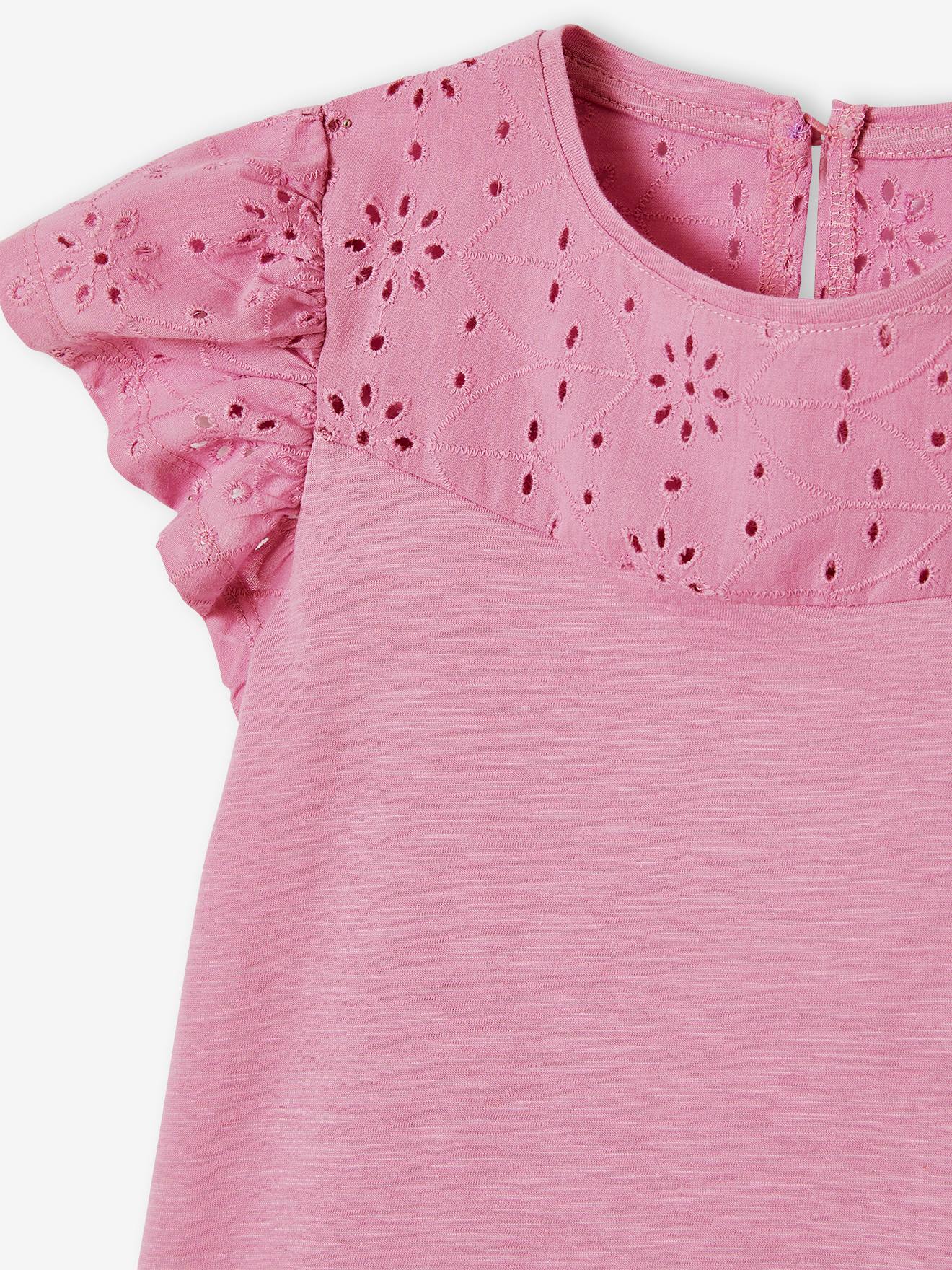 Vertbaudet Mädchen T-Shirt mit Volantärmeln und Lochstickerei Oeko-Tex - dunkelrosa