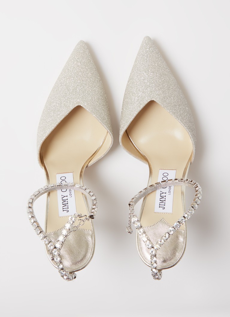Pantofi cu toc înalt Jimmy Choo Saeda, împodobiți cu paiete și cristale.