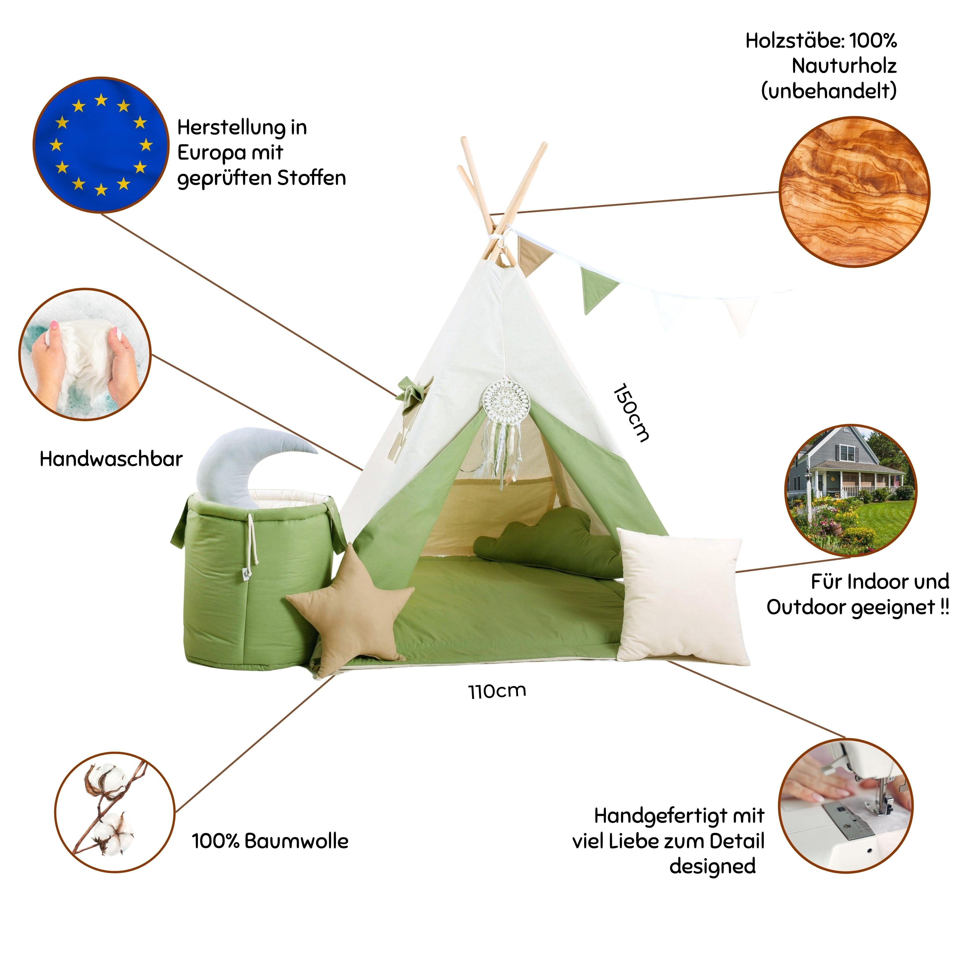 Rainbow Kids Tipi-Zelt Grüner Wolf, Personen: 2 (mit Zubehör, 8 tlg., mit 4 Kissen, Matte, Spielzeugkorb und Wimpelkette)