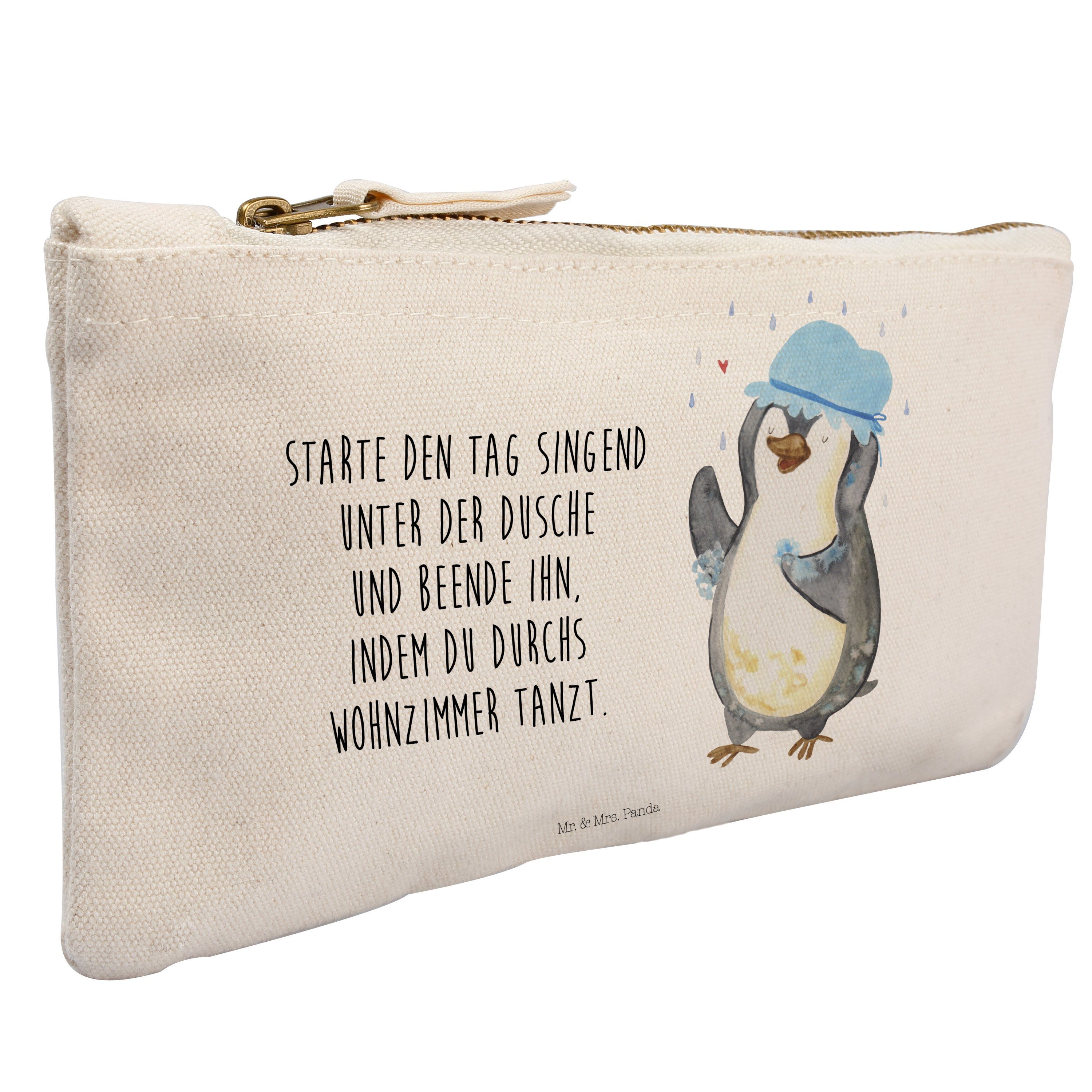 Mr. & Mrs. Panda Kosmetiktasche Pinguin duscht - Weiß - Geschenk, Schminktasche klein, duschen, Kosme (1-tlg)