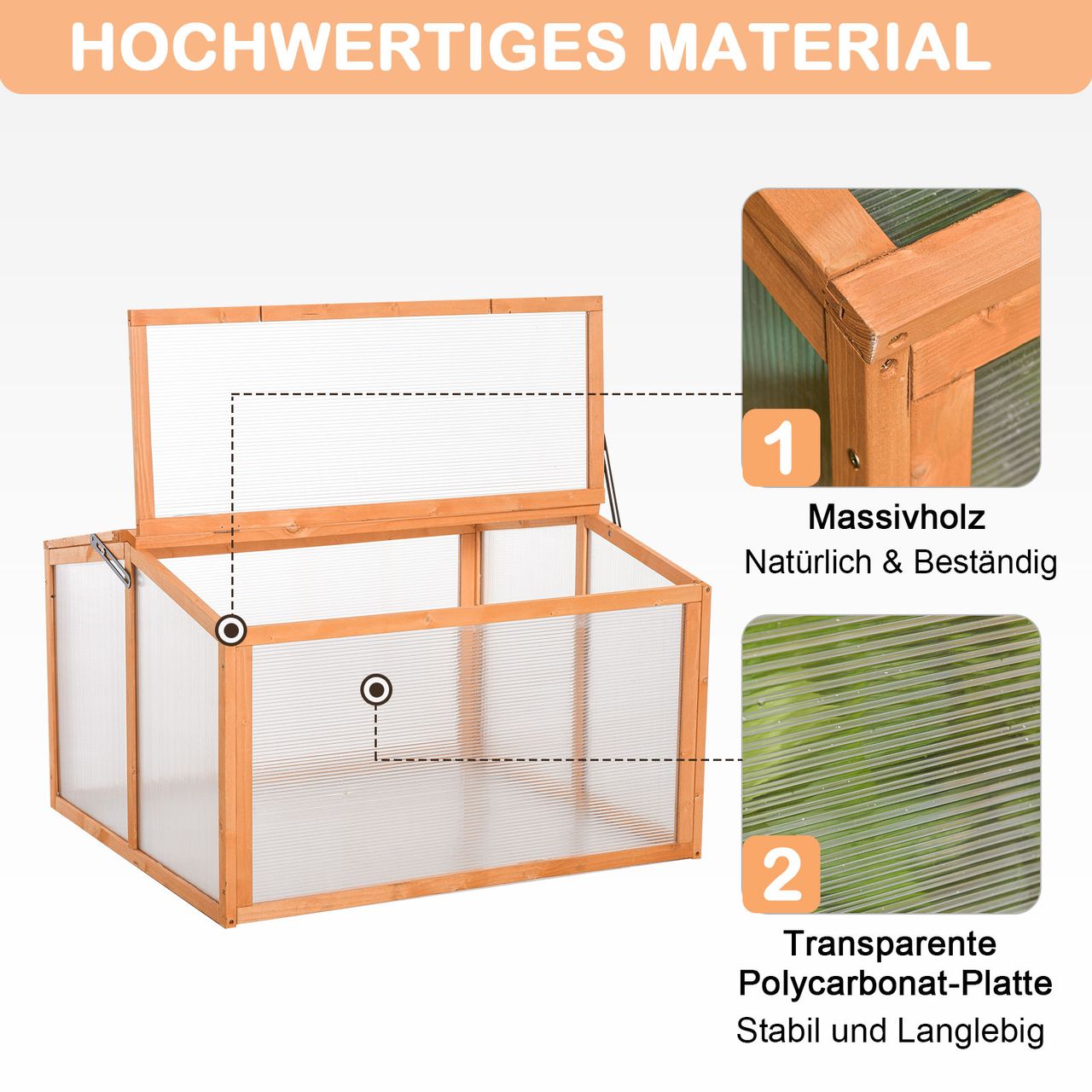 Outsunny Frühbeet Treibhaus Gewächshaus Frühbeetkasten Pflanzenbeet mit Abdeckung aus Holz und Polycarbonat wetterfest Orange 90 x 80 x 58 cm