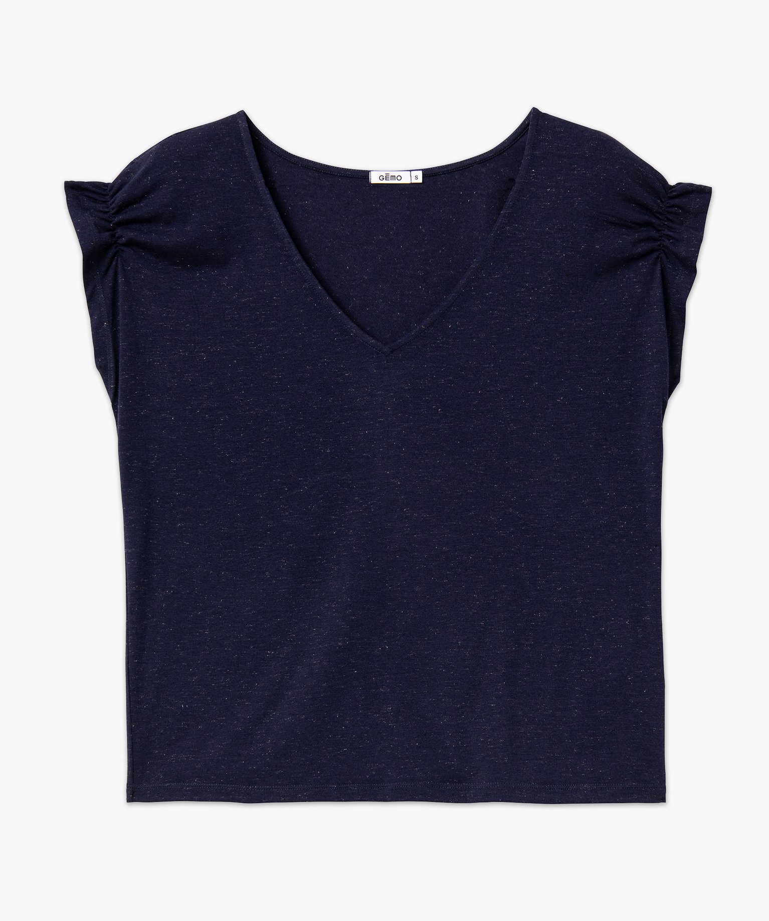 Tee-shirt femme à manches courtes froncées et col V marine | GEMO