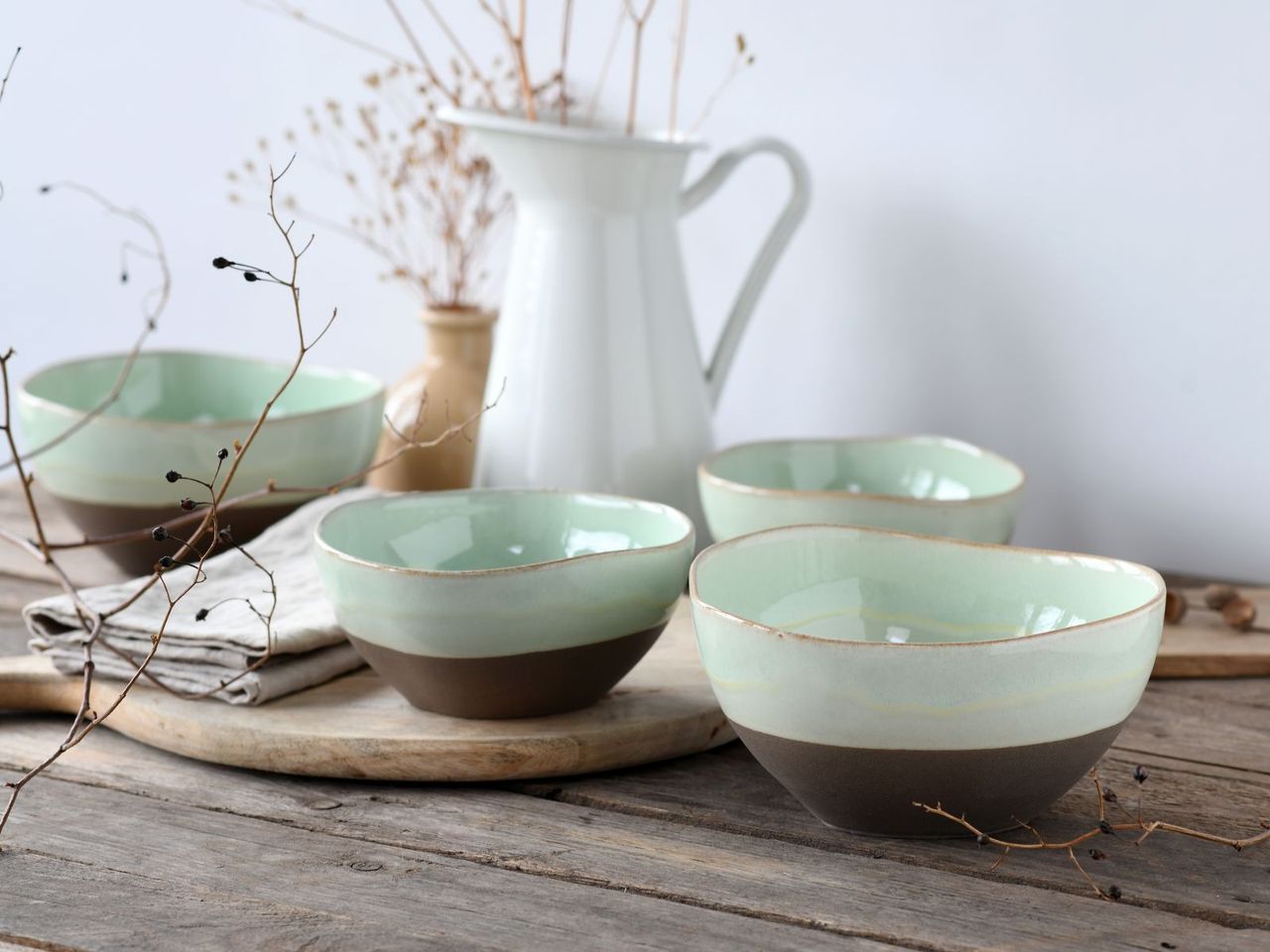 CreaTable Basalt Bowls, Salbei, 4-teiliges Geschirrset, Bowl Set  aus Steinzeug