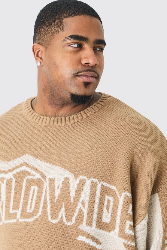 Plus Oversize Worldwide Strick-Pullover in Taupe
