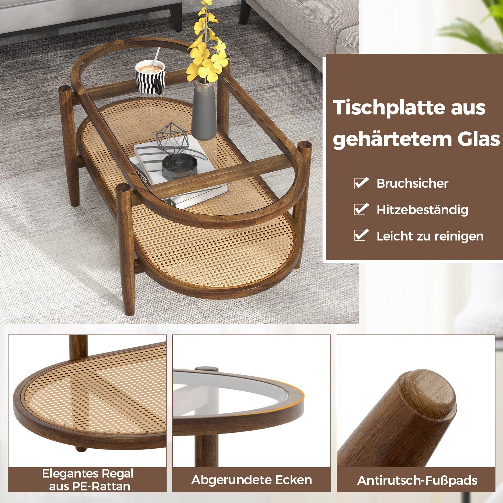 COSTWAY Couchtisch, mit Stauraum, aus Glas, Rattan & Massivholz, 102x56x47cm