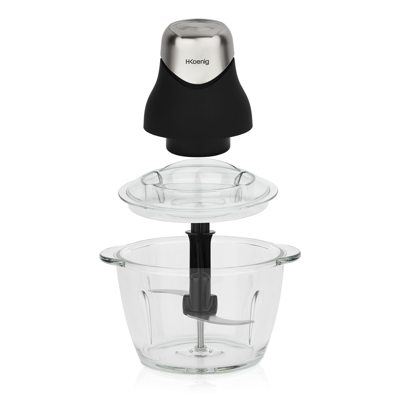 H.Koenig Mini elektrischer Fleischwolf Mattschwarz Chrom LEO8 Widerstandsfähige Schüssel Graduierte Glasschüssel 1L Edelstahlklingen, Einfach zu verwenden, Gemüse Zwiebel Salat Pesto Petersilie Nüsse Fleisch Knoblauch, Aufbewahrungsdeckel