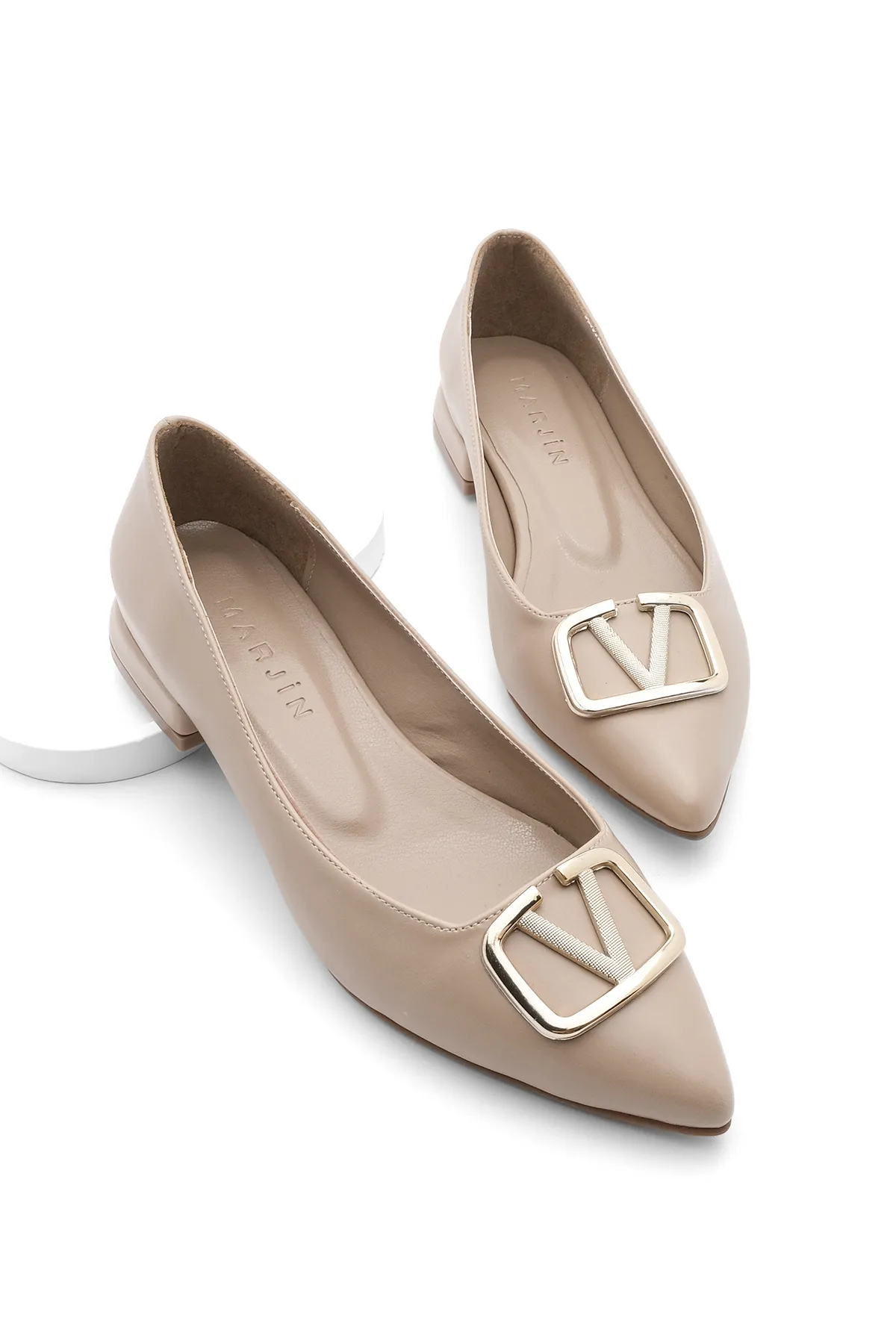 Marjin  Ballerinas mit spitzer Spitze und Schnalle für Damen Porek Beige