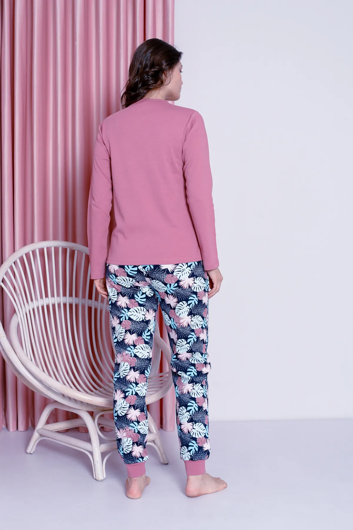 AHENGİM  Pyjama-Set für Damen, junges Blattmuster, gerippte Baumwolle mit Beinen, saisonal, W20482255