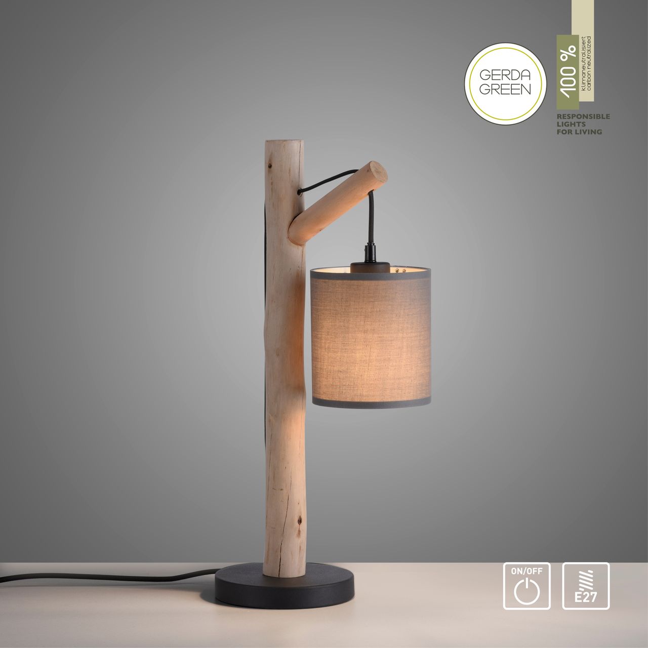JUST LIGHT Tischleuchte GREEN TRIBU, 1x E27/10,00Watt max., Eukalyptusholz, Taupe