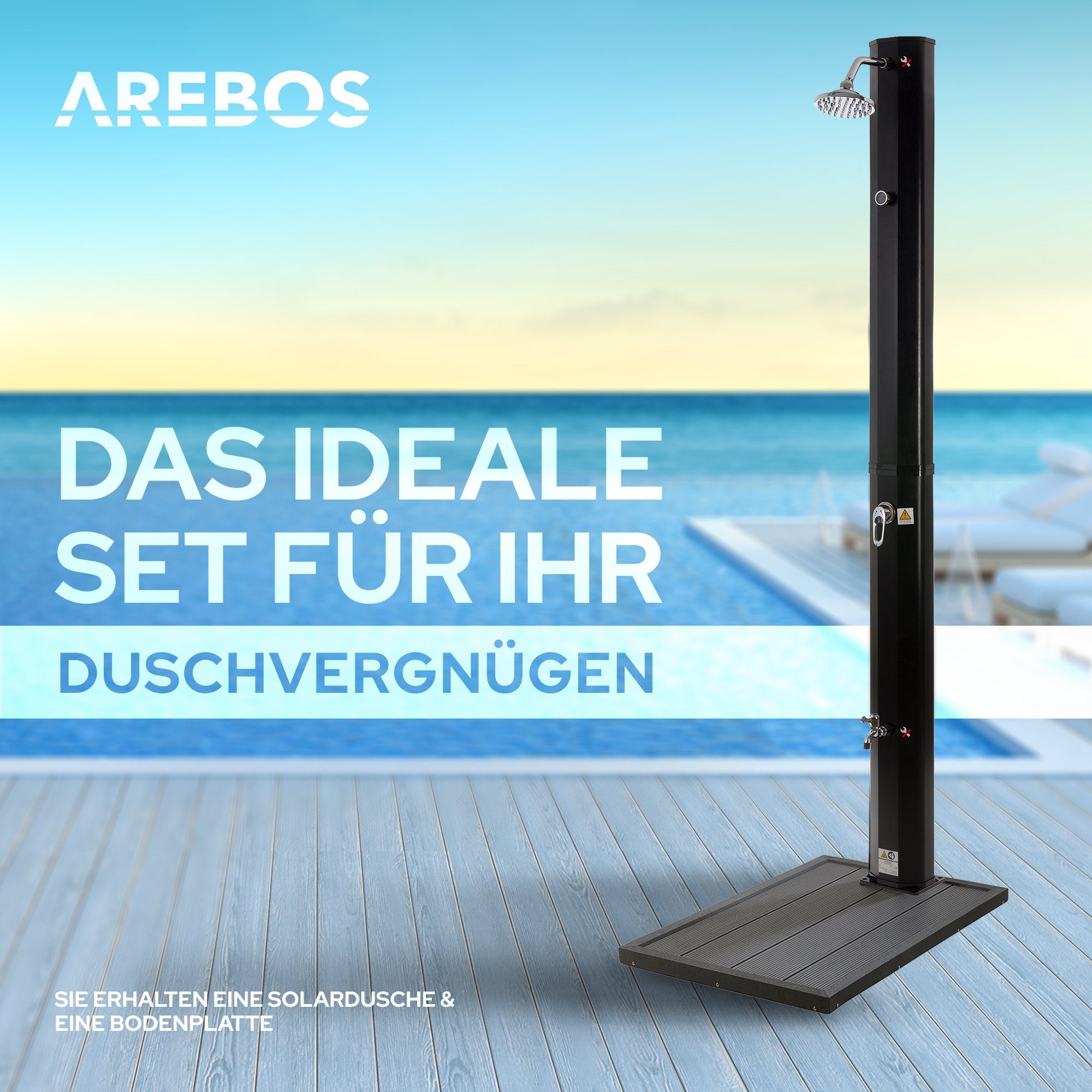Arebos Solardusche 35L & Bodenelement, Pooldusche für den Garten, Inkl. Abdeckhaube (Set, Solardusche + Bodenelement + Inkl. Abdeckhaube)