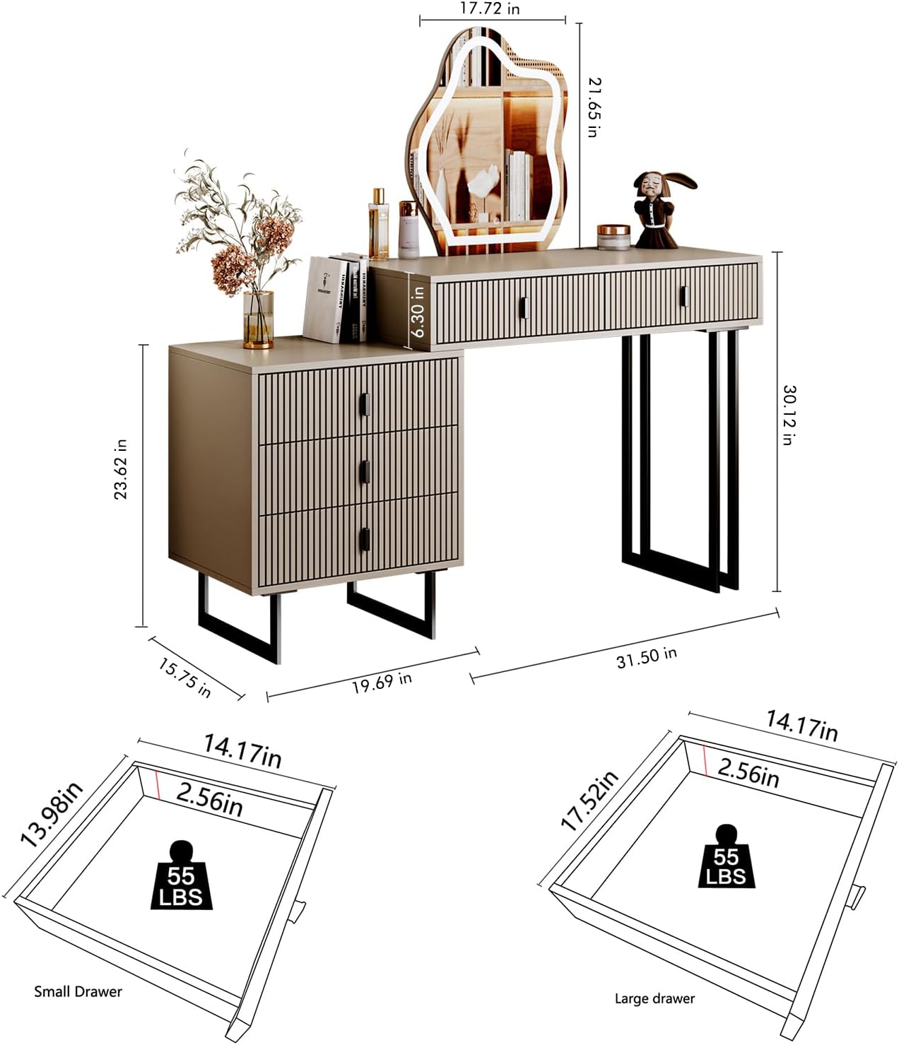 leejdn Dresser with 3 Color Touch Screen Dimming Mirror, Modern Makeup Dresser with Adjustable Cabinets and 4 Sliding Drawers, Powder Room, Bedroom Dresser Set