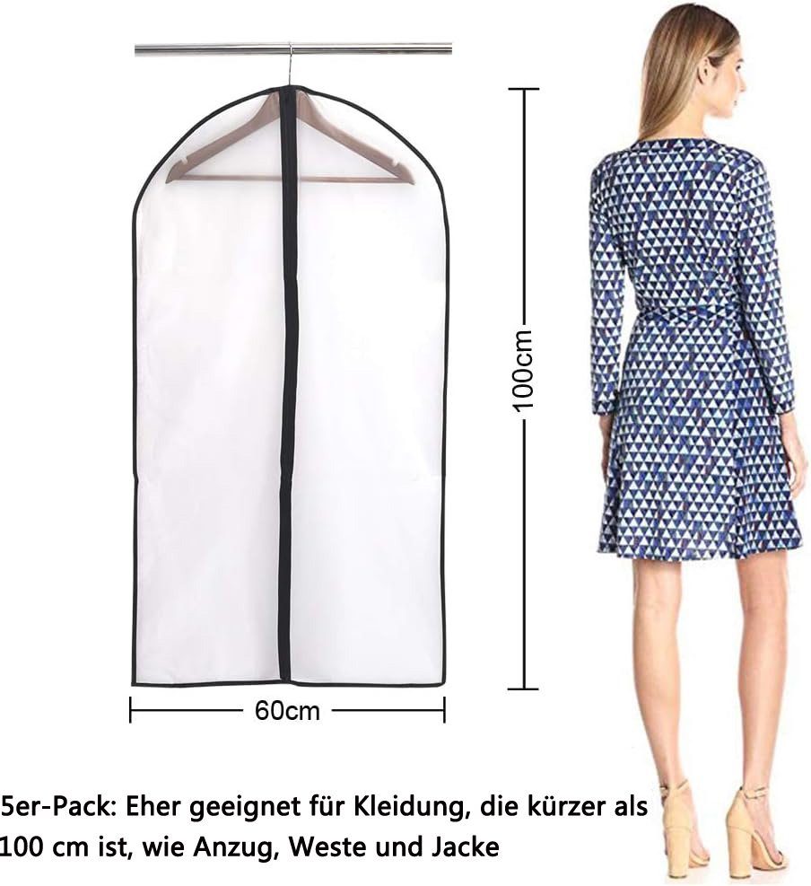 Coonoor Kleidersack 5 Stück Kleidersack Anzug Lange, 60 x 100cm (Rand Durchscheinend Anzugtasche Kleidersäcke, 5 St., Kleiderhülle Anzugsack Abendkleid Brautkleid Mäntel Hemden) Mottenschutz Wasserdicht