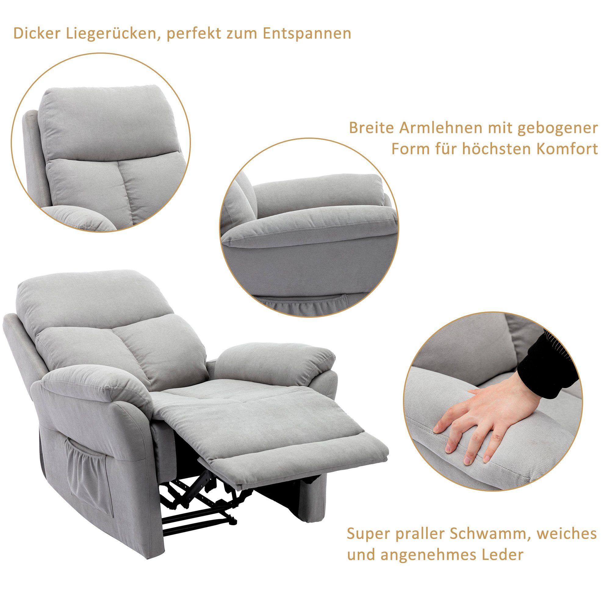 HAUSS SPLOE Relaxsessel Relaxsessel Einzelsessel Fernsehsessel (Seitentasche für Wohnzimmer XL Sessel), Hochwertiges Material