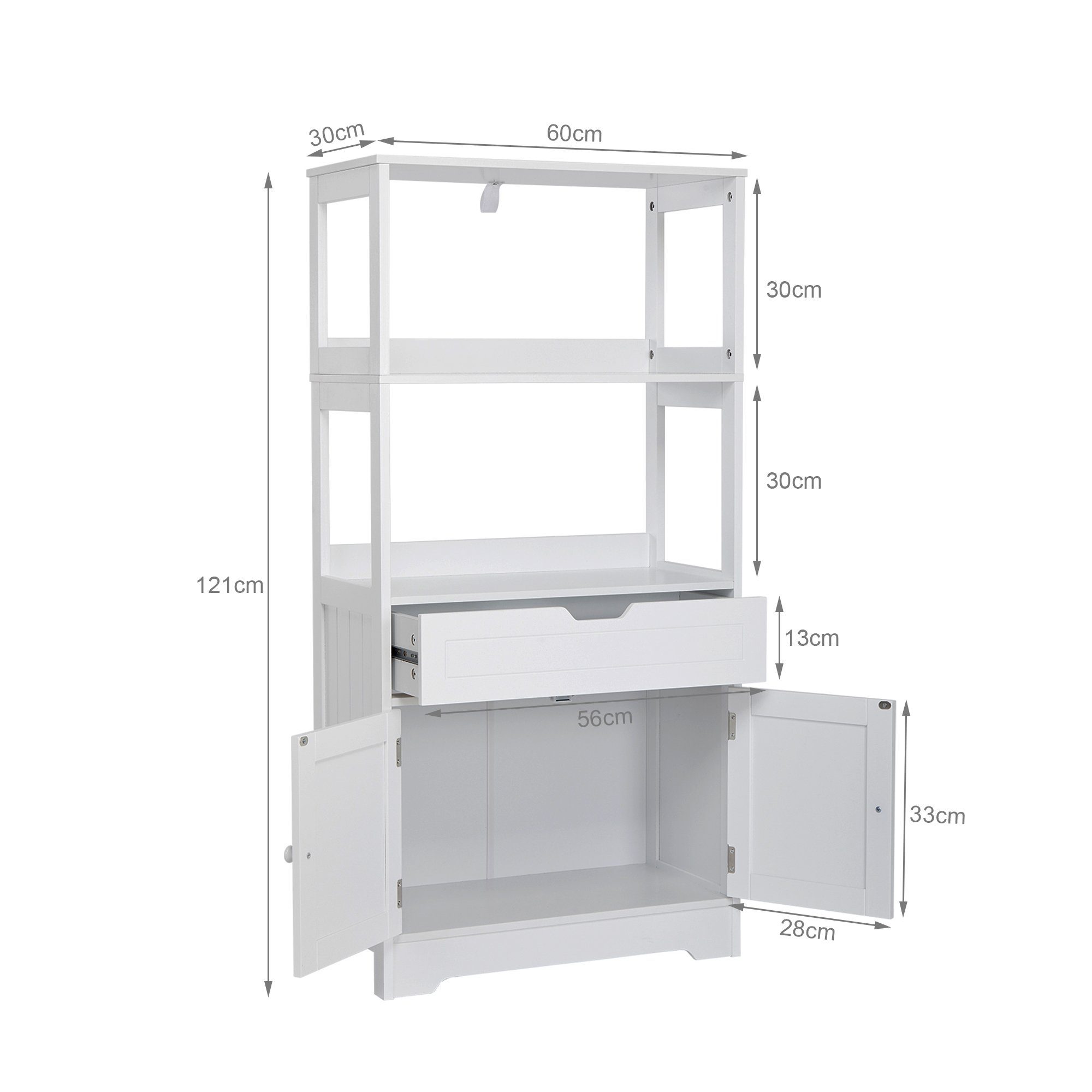Mondeer Badkommode Badezimmerschrank, Badschrank, Aufbewahrungsschrank, 60 x 30 x 121cm, weiß