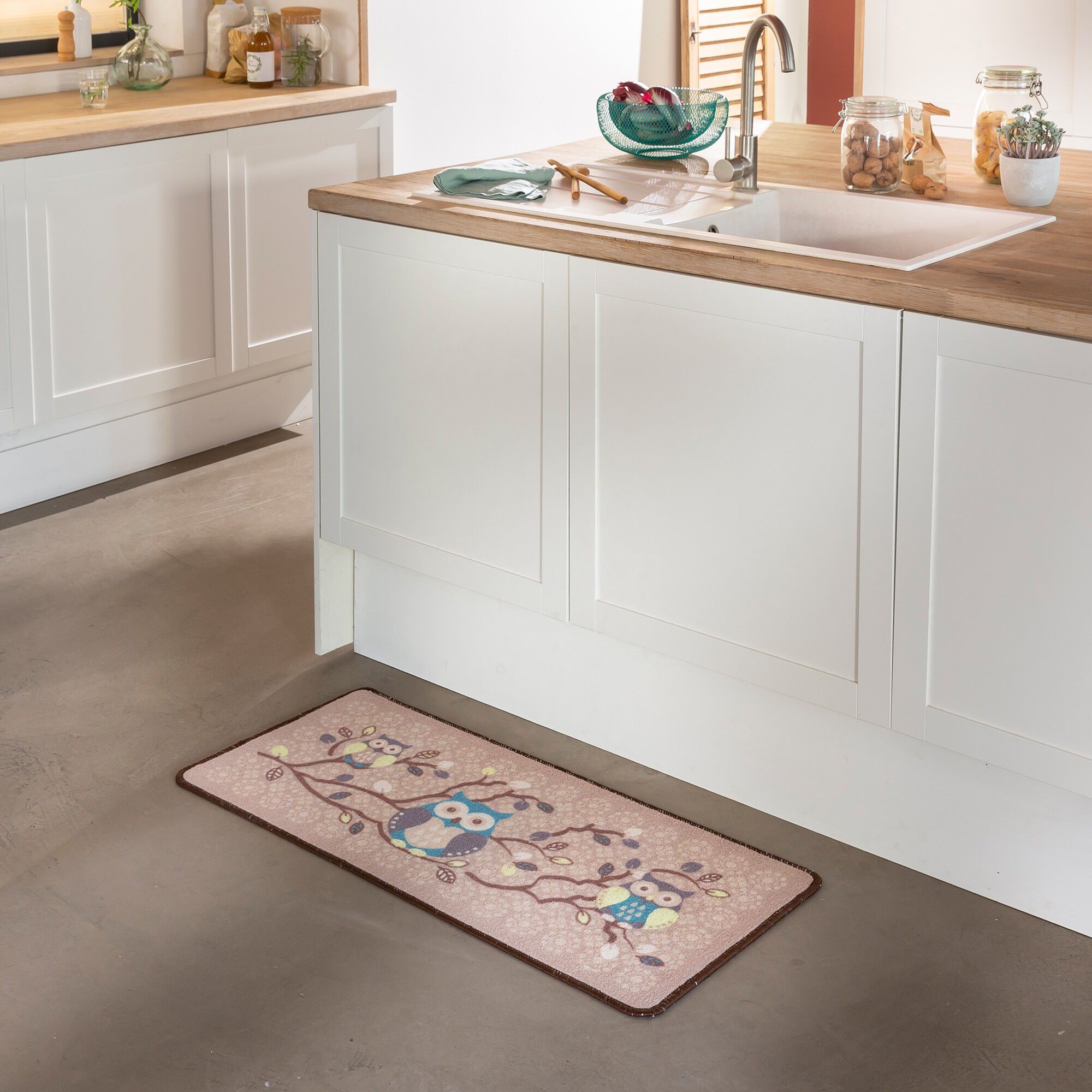 Tapis cuisine beige imprimé chouettes