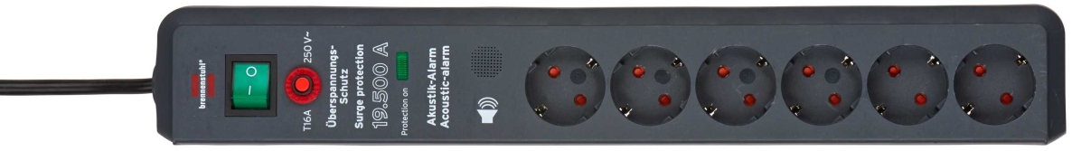 Brennenstuhl 1159540376 Secure-Tec 19.500A Überspannungsschutz-Steckdosenleiste, 6-fach, anthrazit, 3 m, H05VV-F 3G1.5