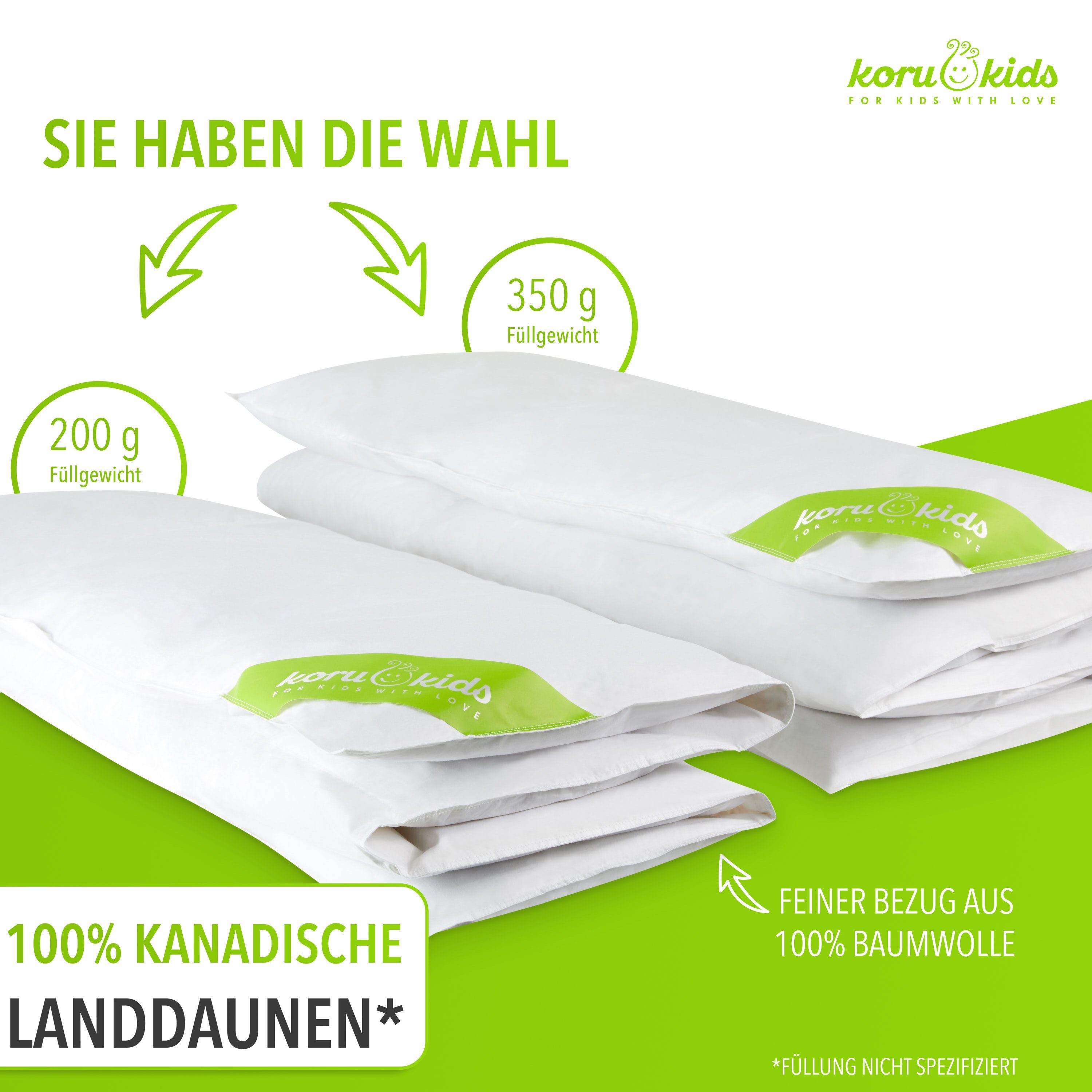 Kinderbettdecke, Daunen Bettdecke Kinder 100x135cm, Koru Kids, Füllung: 100% kanadische Daunen, Waschbar bis 60° C, temperaturausgleichend, allergikergeeignet