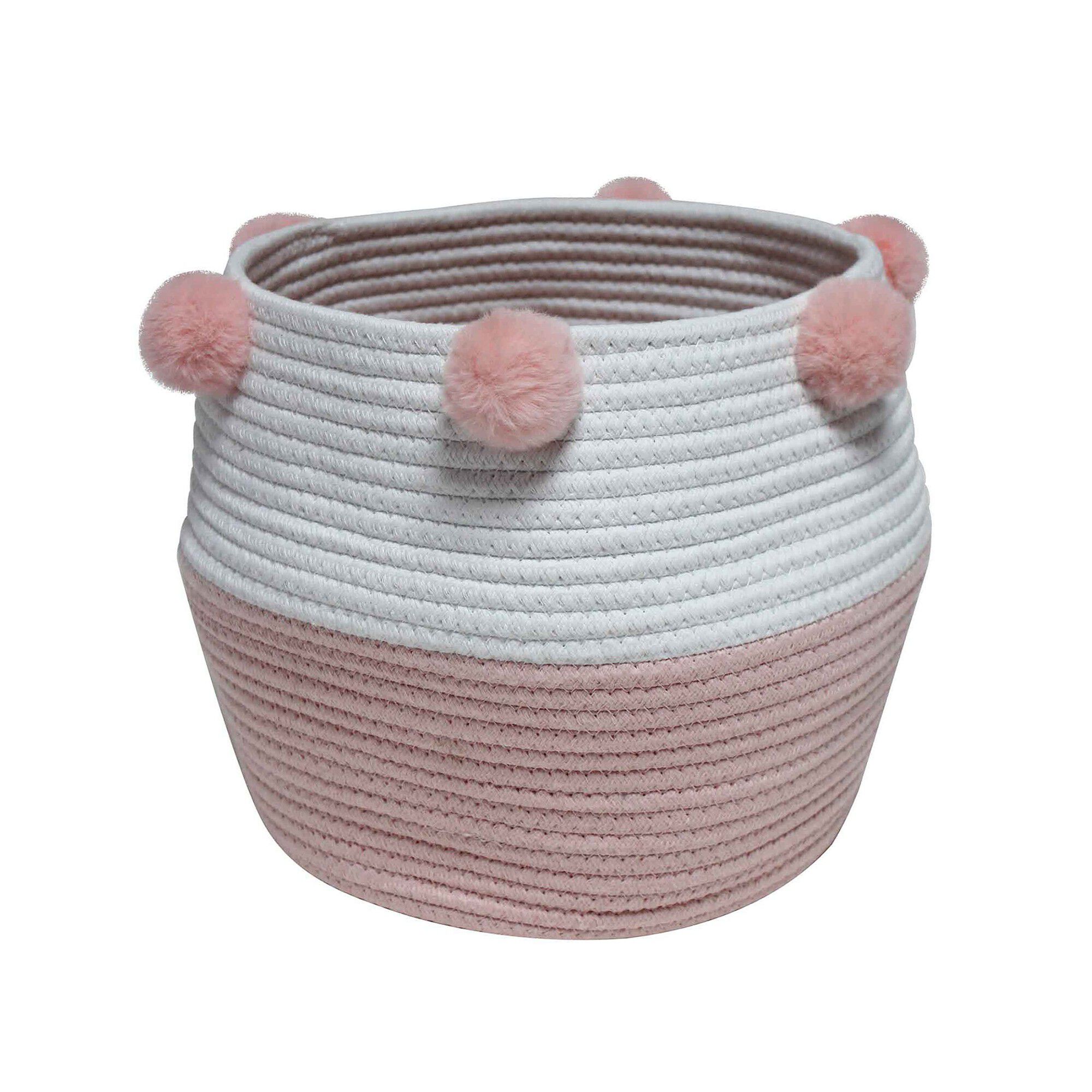 Panier de rangement déco à pompons Suzy rose/blanc