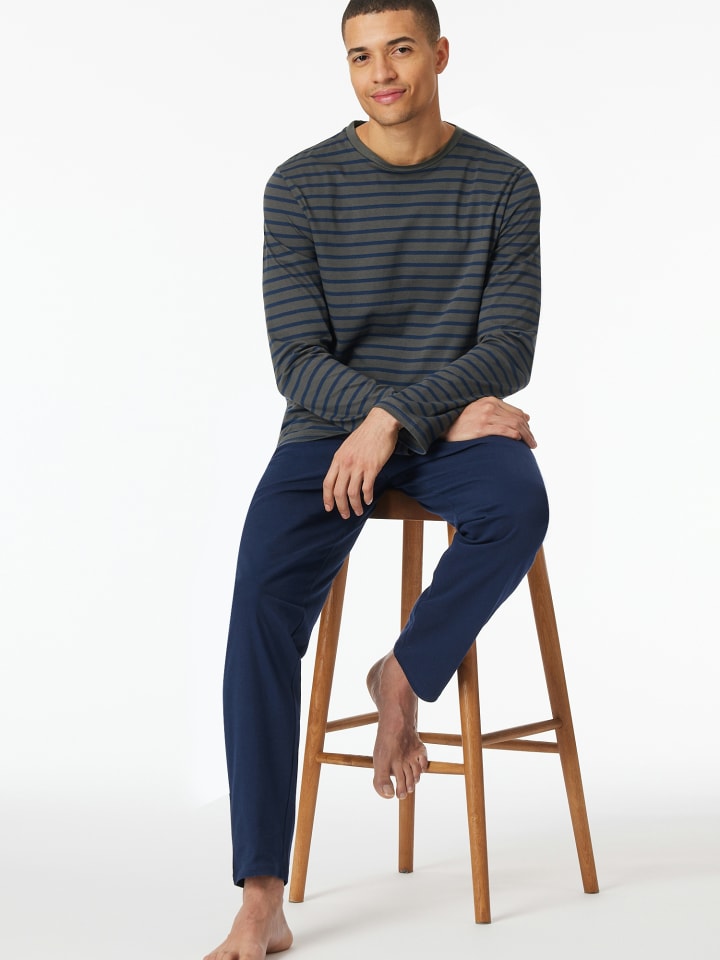 Schiesser Pyjama Schlafanzug lang - Casual Essentials in Anthrazit, Blau günstig kaufen