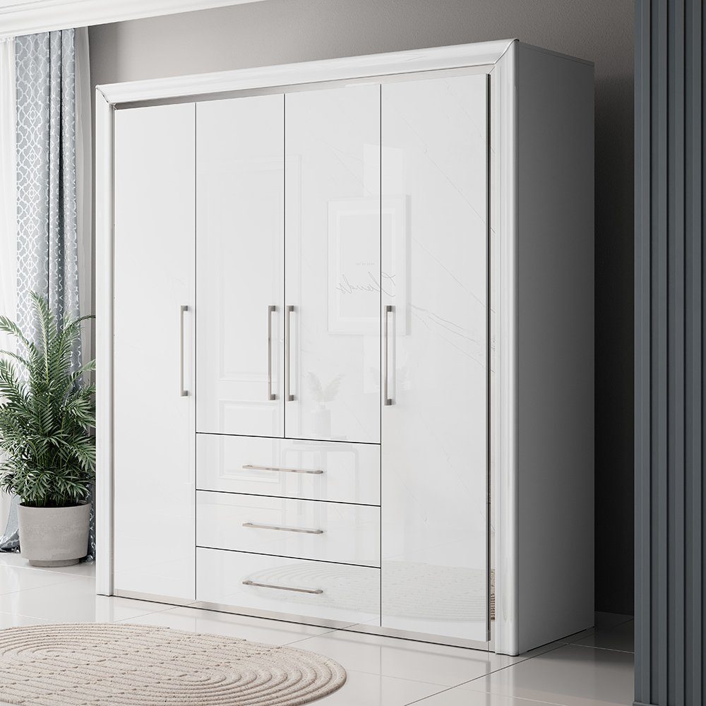 Lomadox Schlafzimmer-Set ASERI-83, (Spar-Set, 5-St), Liegefläche 160x200cm, weiß Hochglanz, mit 4-trg. Kleiderschrank