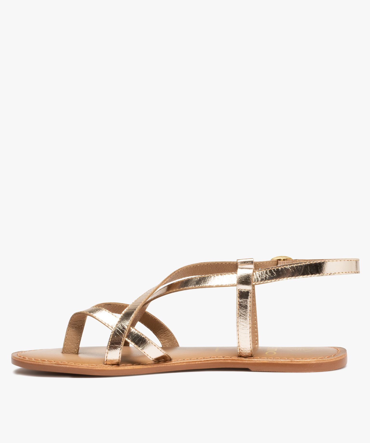 Sandales femme à talon plat et brides fines en cuir uni or | GEMO