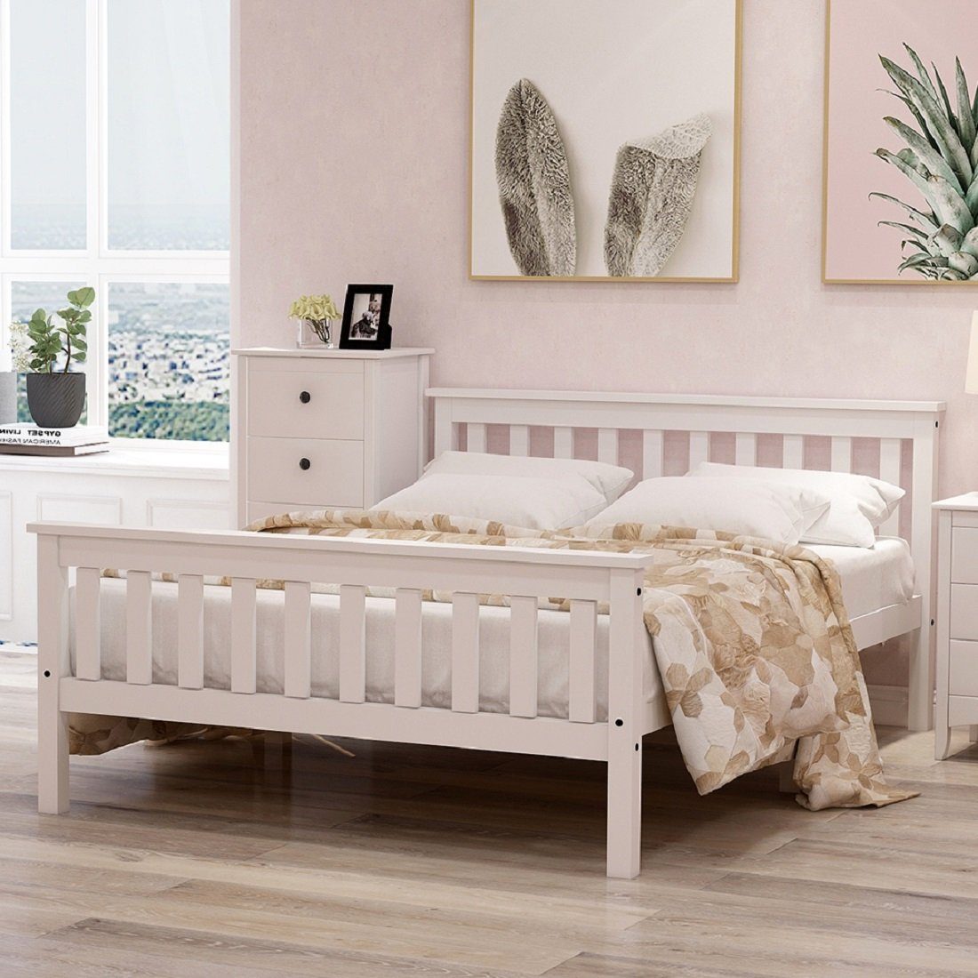 Flieks Massivholzbett, Doppelbett Kieferbett Bettgestell 140x200cm weiß