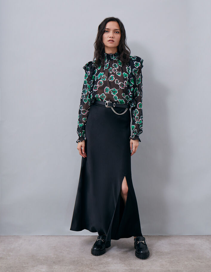 Jupe longue noire fendue en viscose Femme