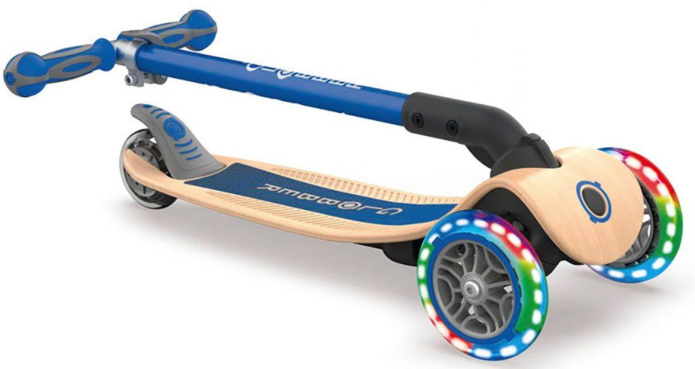 Globber Dreiradscooter PRIMO FOLDABLE WOOD LIGHTS, mit Leuchtrollen und Holzdeck