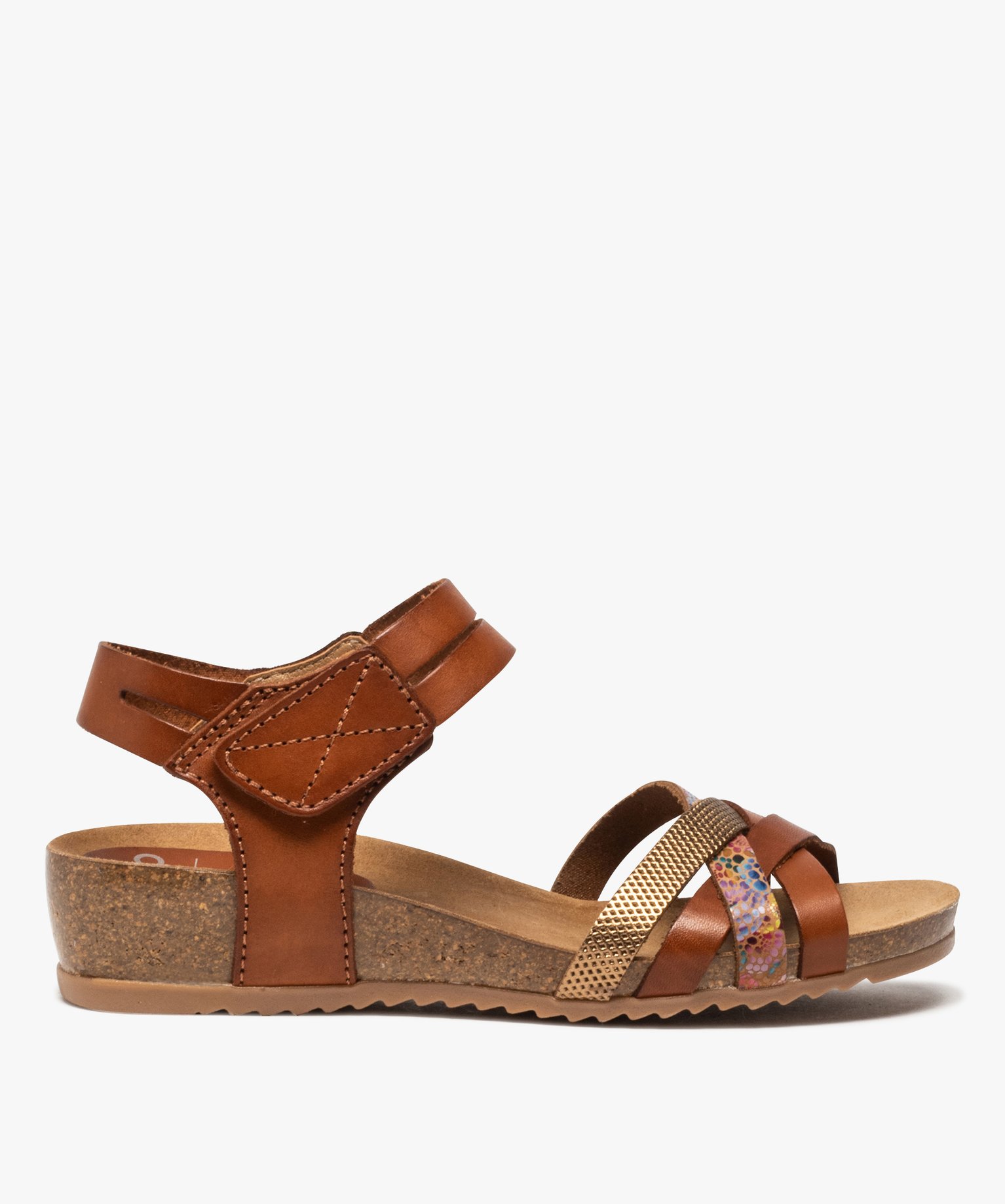 Sandales femme confort dessus cuir avec brides scratch camel | GEMO