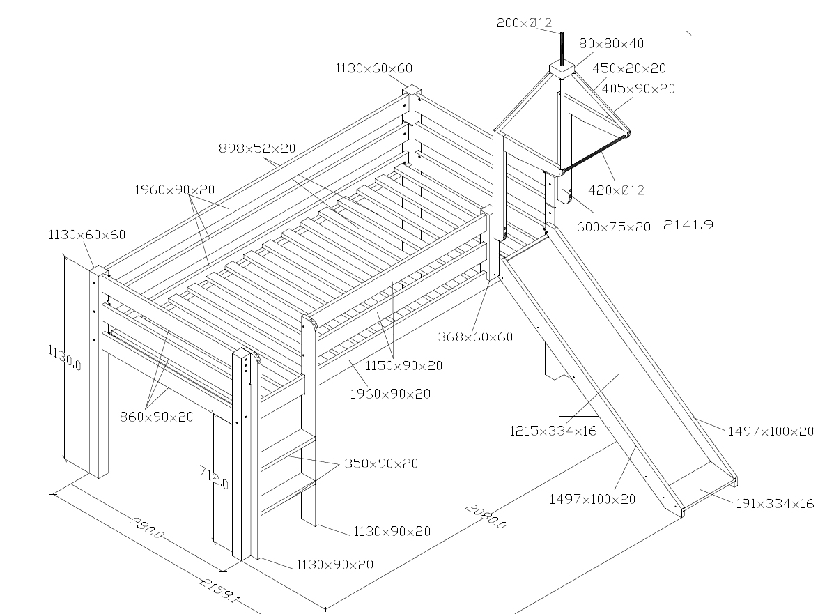 Relita Halbhohes Spielbett ALEX mit Rutsche/Turm/Tunnel Buche massiv natur lackiert mit Stoffset Burg