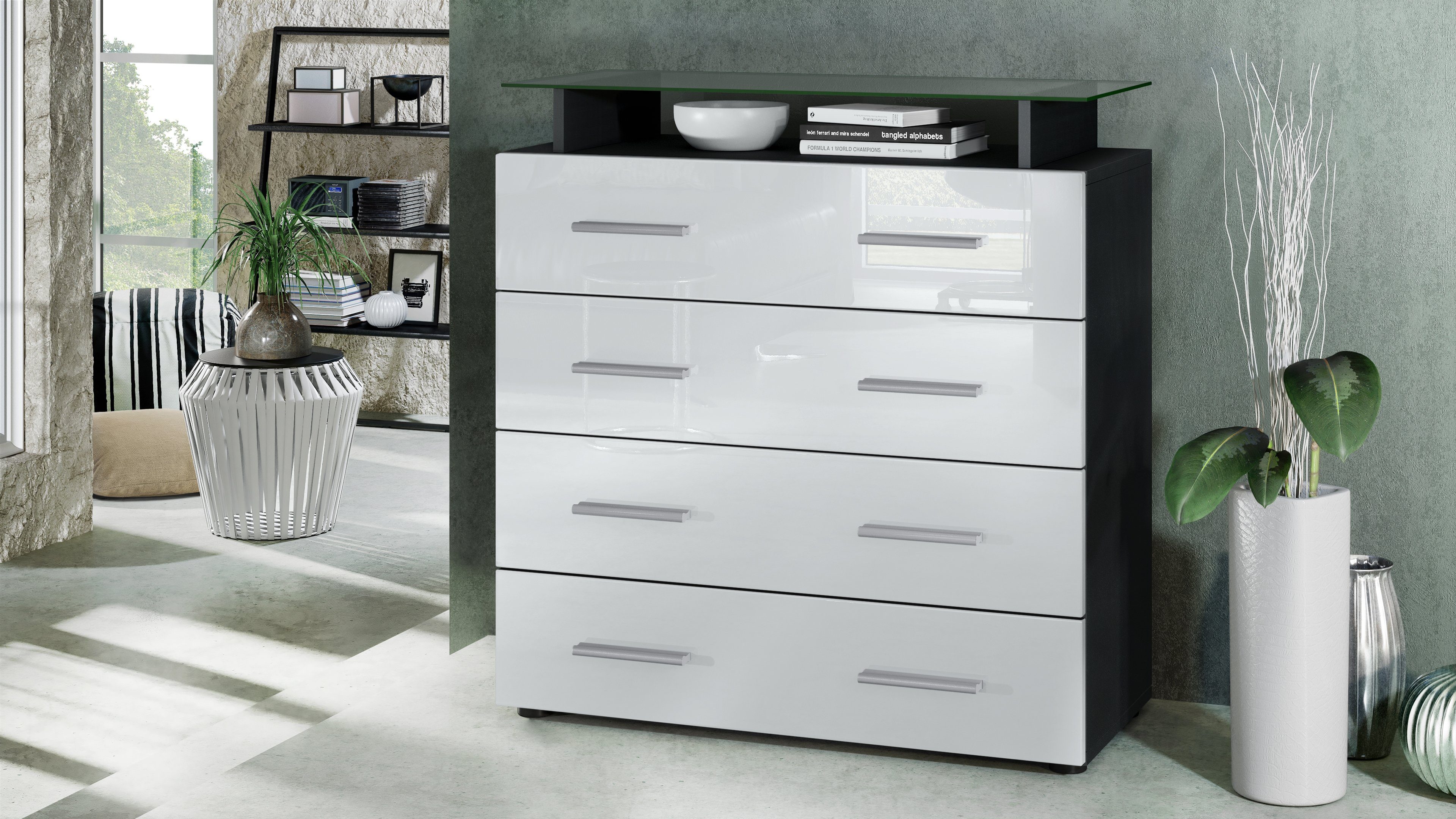Vladon Kommode Pavos (Kommode, mit 4 Schubladen und Glasablage), Schwarz matt/Weiß Hochglanz (76 x 81 x 35 cm)
