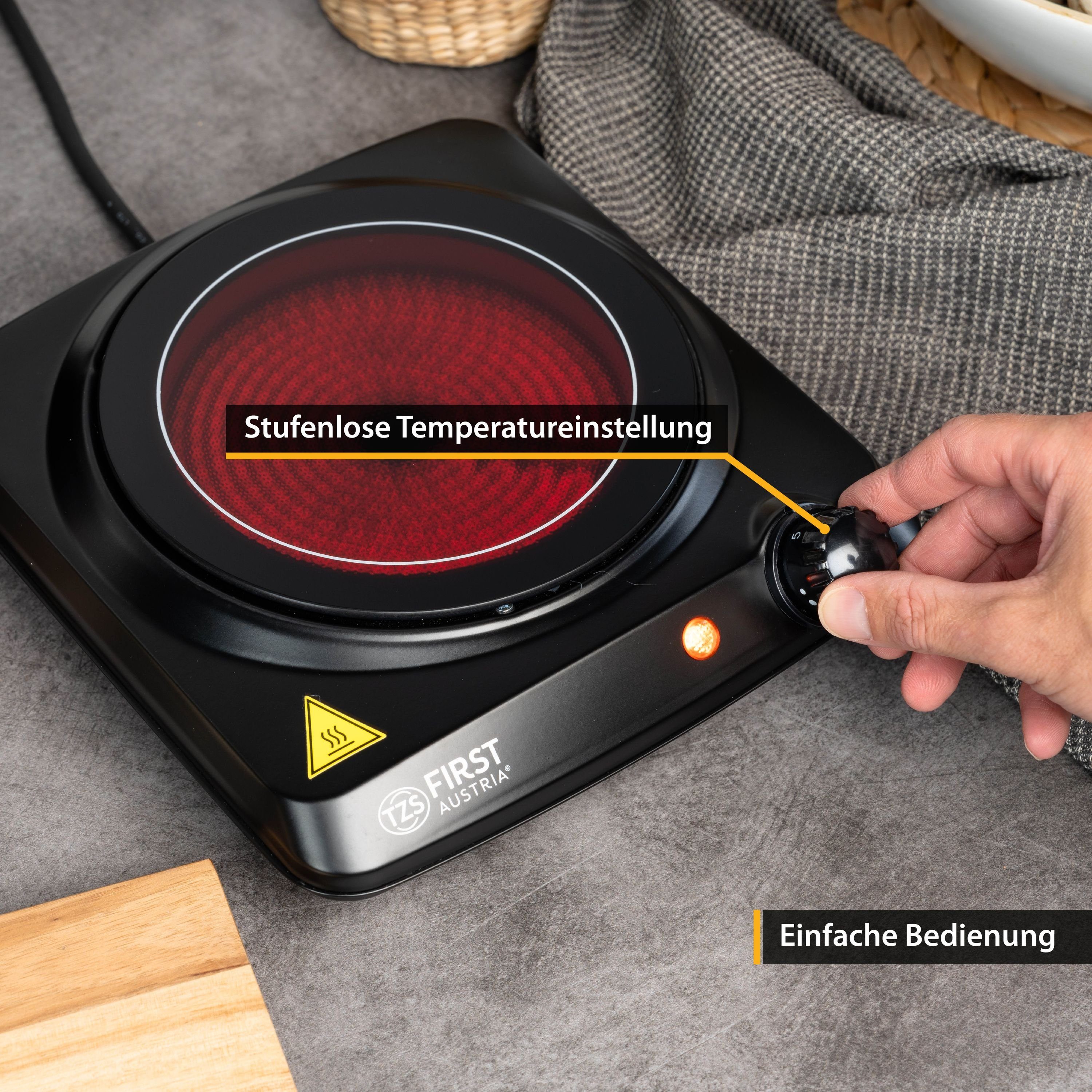 TZS FIRST AUSTRIA Doppelkochplatte Einzelkochplatte 1200W, Glaskeramik, Kochplatte, Herdplatte Camping, 1200W, stufenloser Temperaturregelung, mobile Kochplatte, 17,5 cm