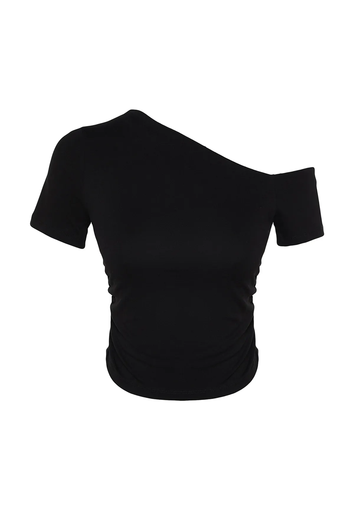 Trendyol Collection  Schwarze, geraffte, dehnbare Strickbluse mit asymmetrischem Kragen TWOSS24BZ00073