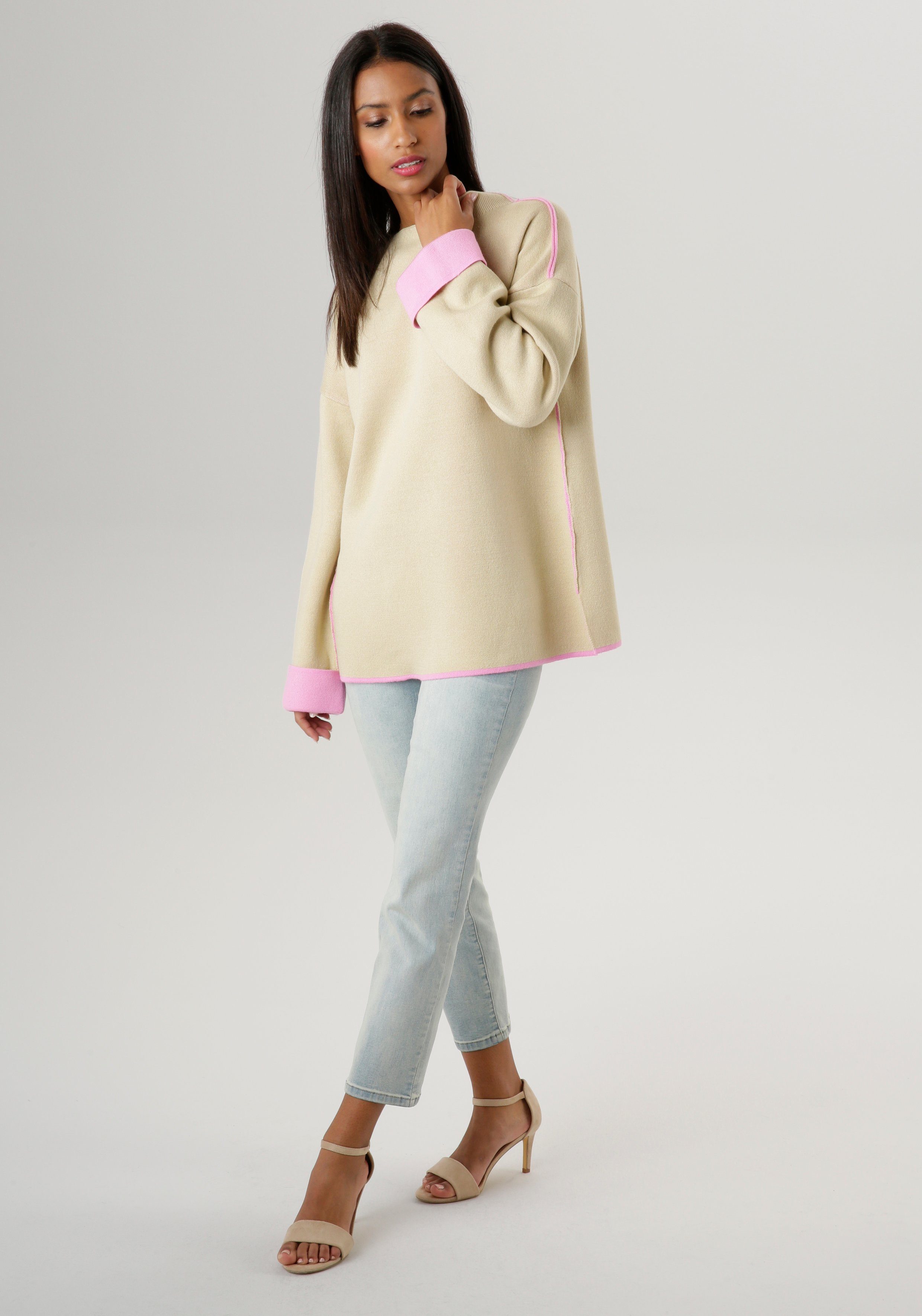 Aniston SELECTED Strickpullover mit rosafarbenen Zierkanten - NEUE KOLLEKTION