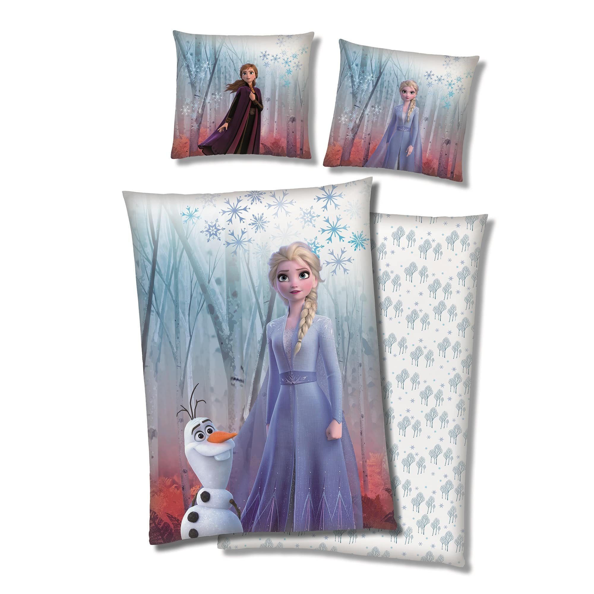 Kinderbettwäsche Frozen Eiskönigin 135x200 80x80 cm, extra flauschig mit Reißverschluss, Familando, Fleece, 2 teilig, mit Anna, Elsa und Olaf im Zauberwald