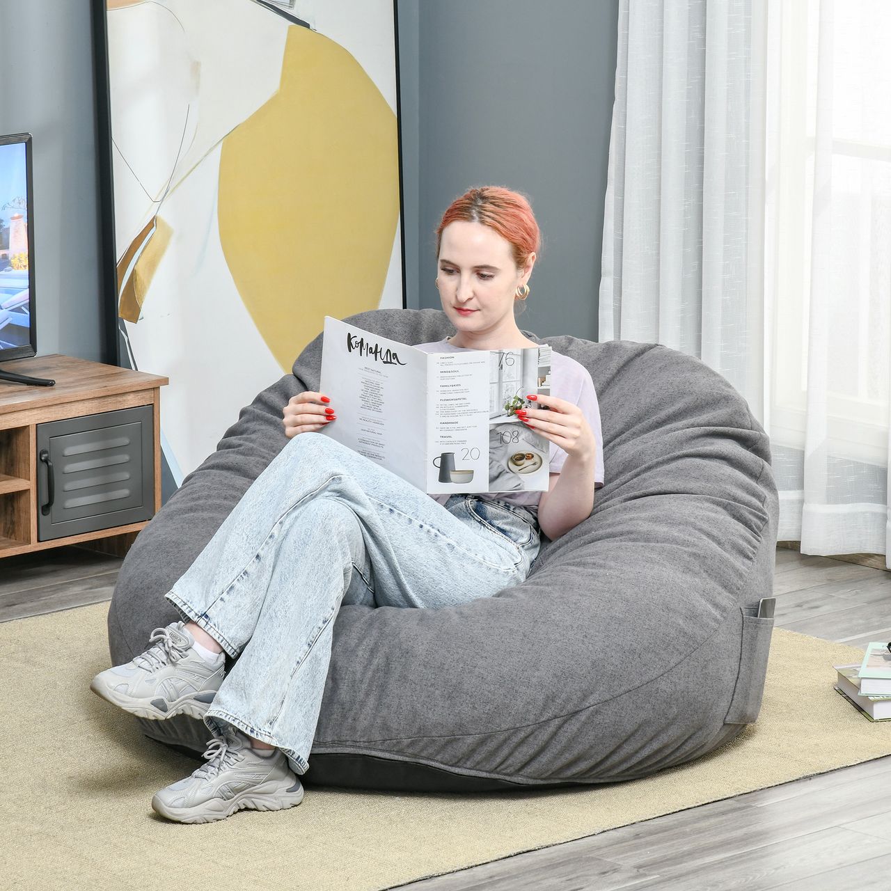 HOMCOM Sitzsack aufblasbares Sofa Bodensessel Sitzkissen gepolstert Polyester-Gewebe Schaumstoff-Füllung Dunkelgrau Ø115x71 cm